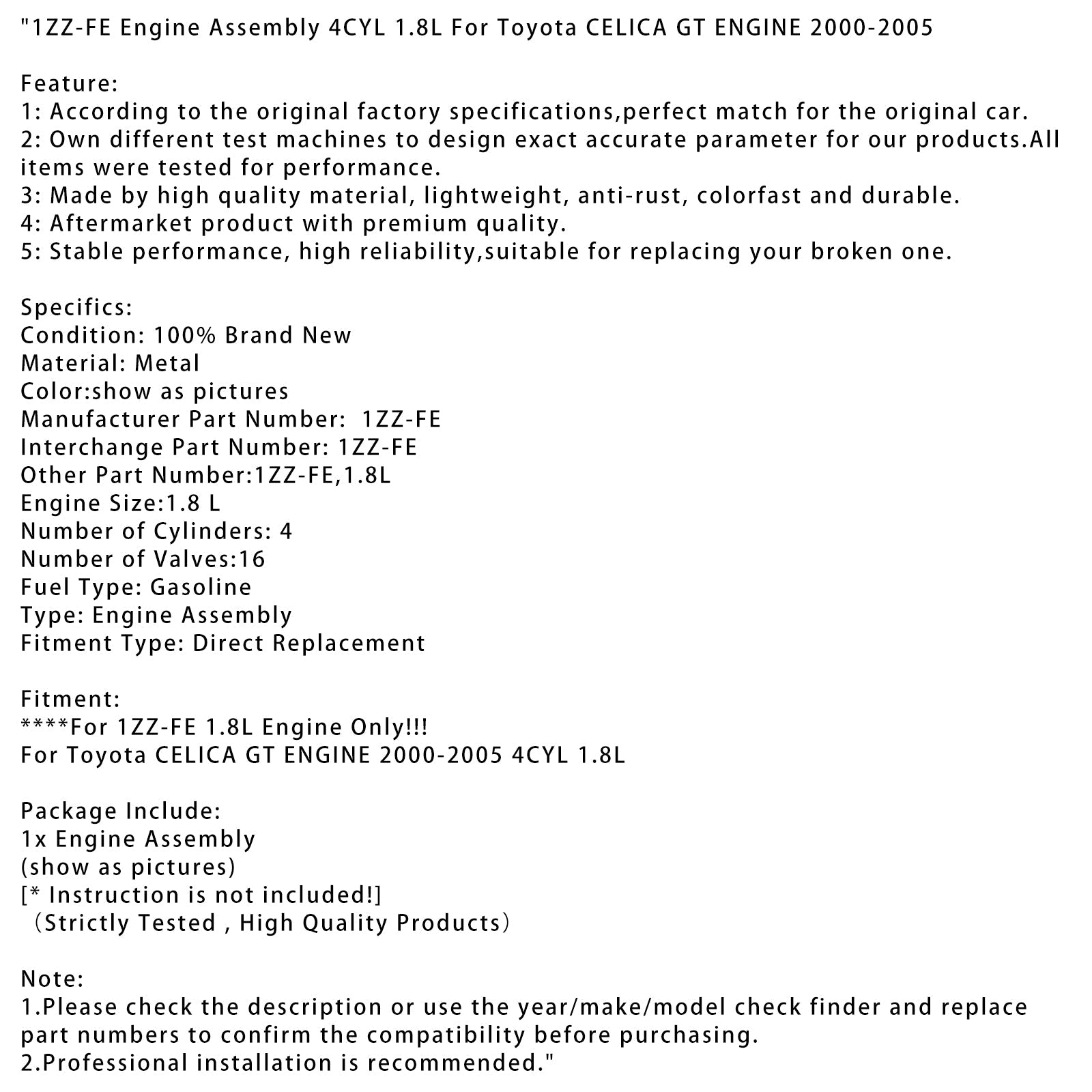 2000-2005 Toyota CELICA GT ENGINE 1ZZ-FE Engine Assembly 4CYL 1.8L