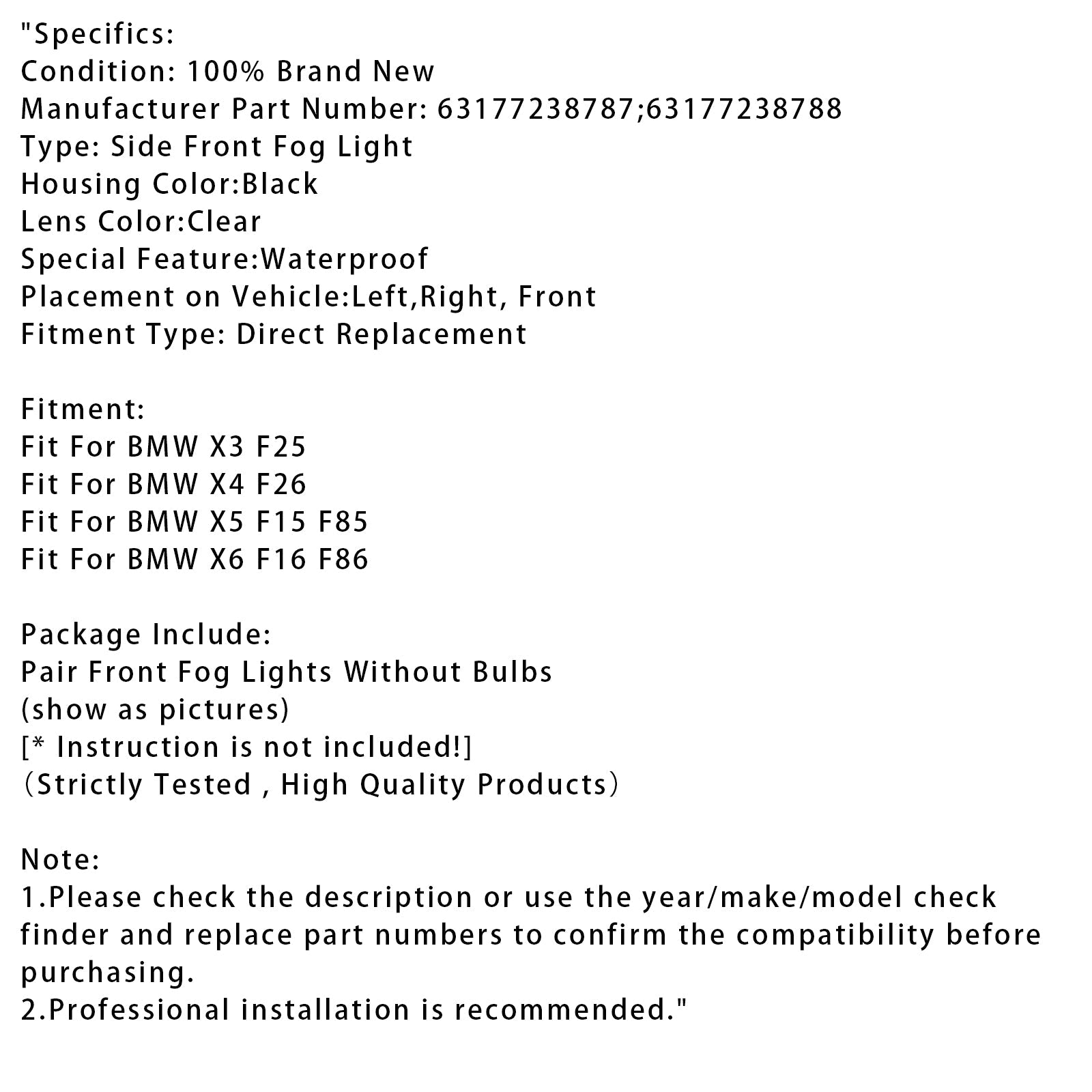 Pair Front Fog Light Lamps Without Bulbs For BMW X3 X4 X5 X6 63177238787