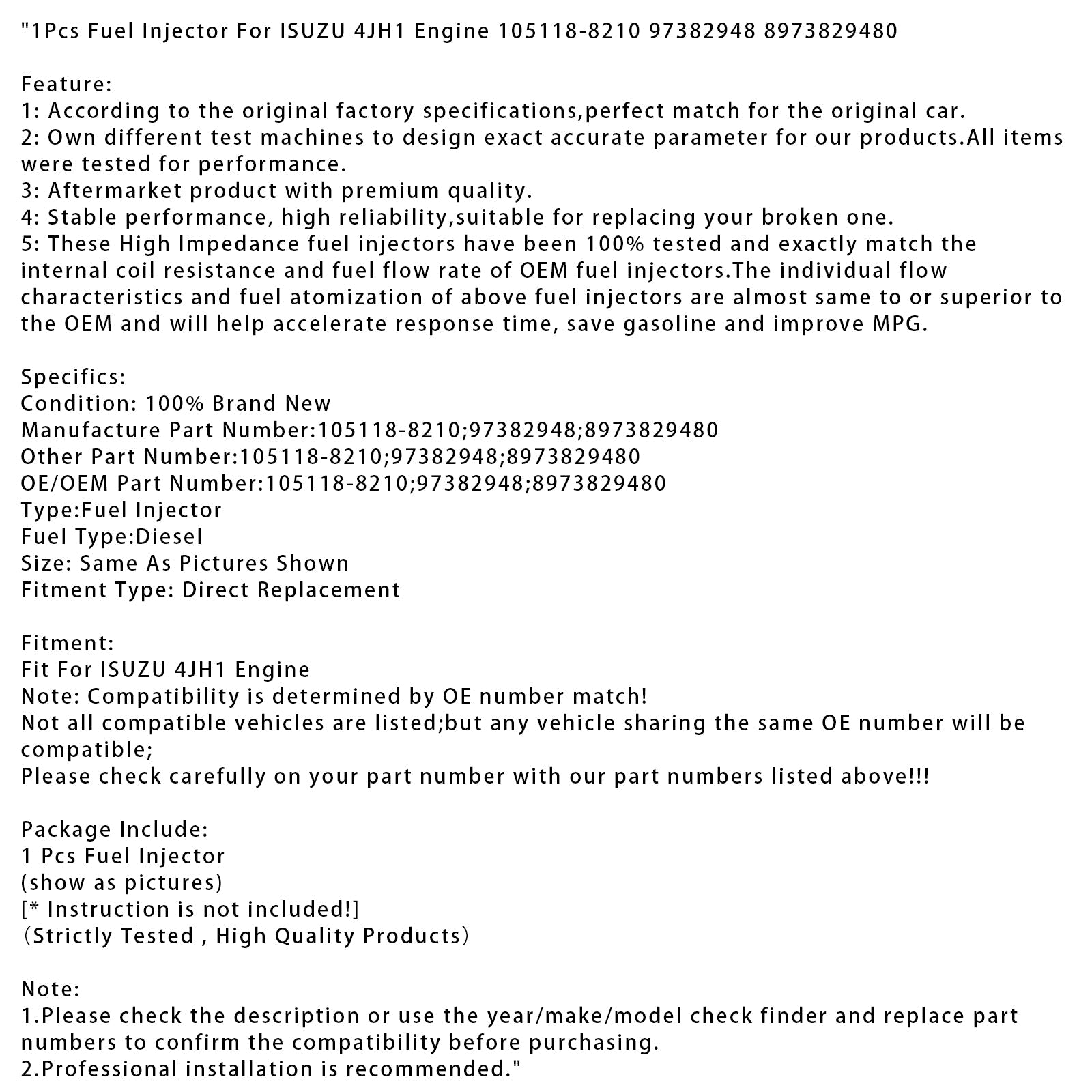 1Pcs Fuel Injector For ISUZU 4JH1 Engine 105118-8210 97382948 8973829480