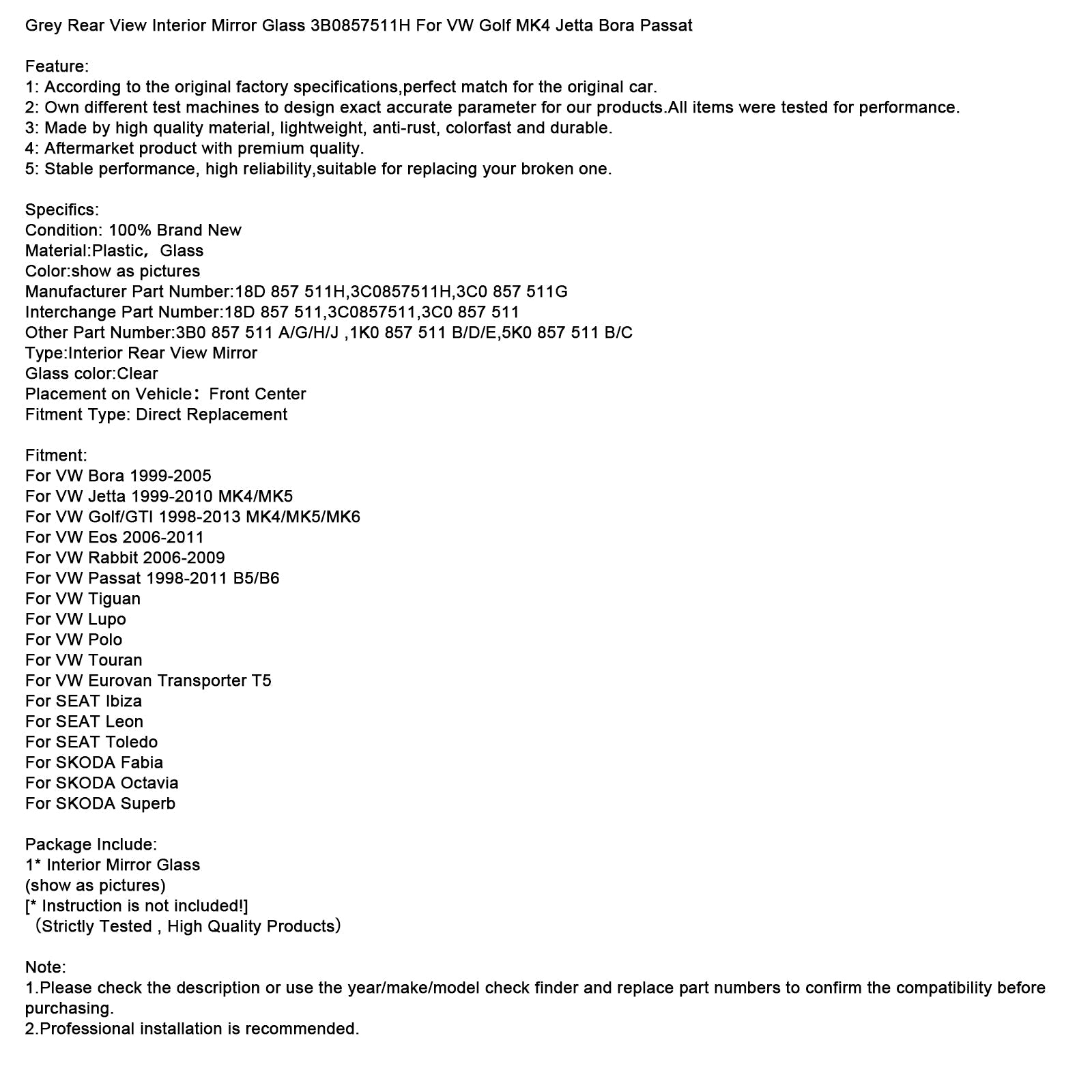 Grey Rear View Interior Mirror Glass 3B0857511H For VW Golf MK4 Jetta Passat