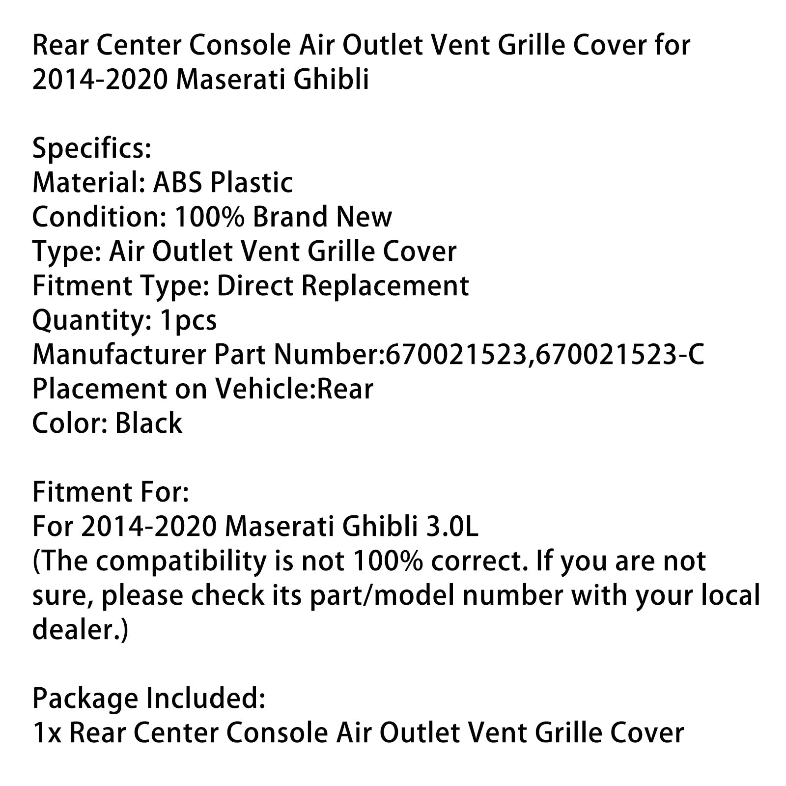 2014-2020 Maserati Ghibli Rear Center Console Air Outlet Vent Grille Cover