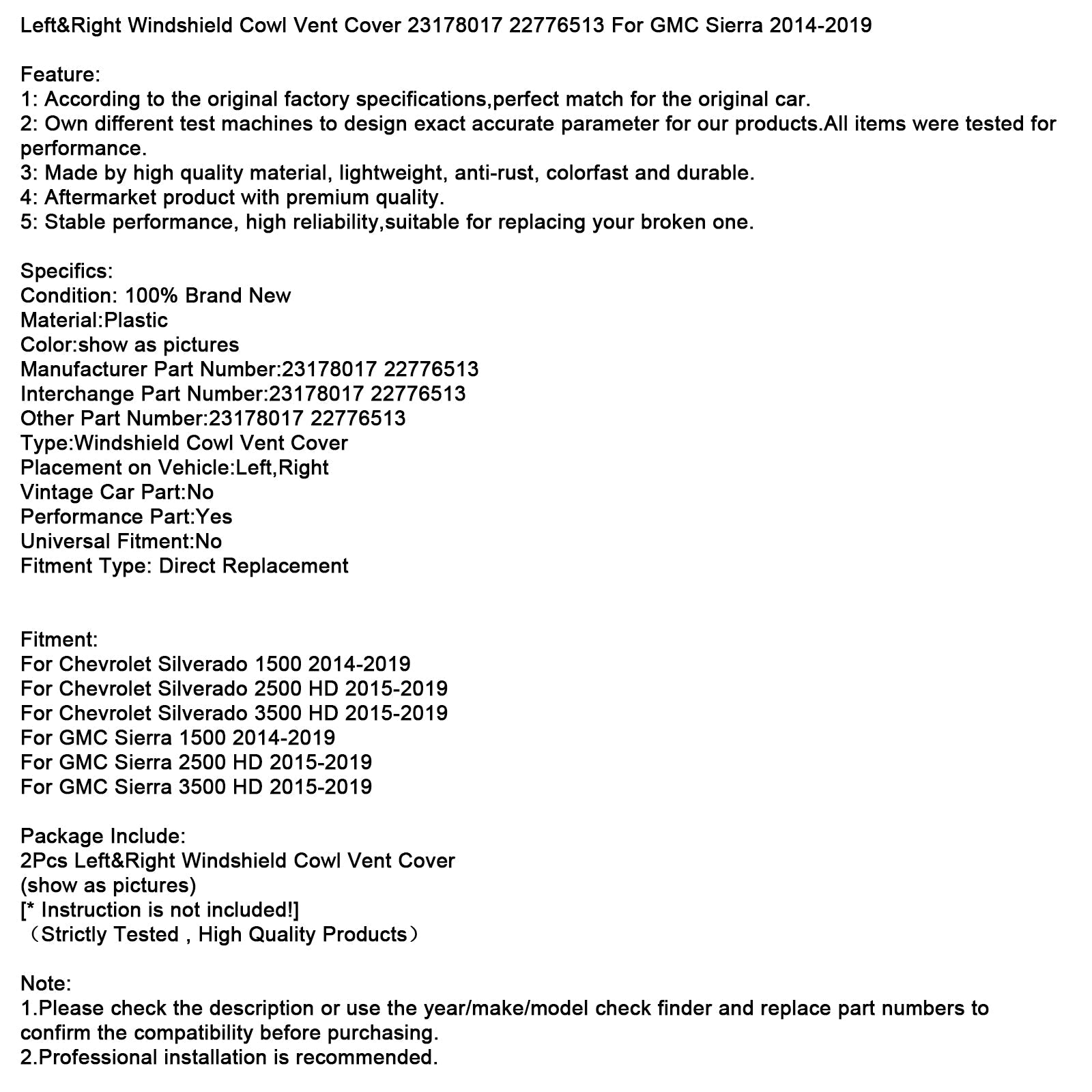 Left&Right Windshield Cowl Vent Cover 23178017 22776513 For GMC Sierra 14-19