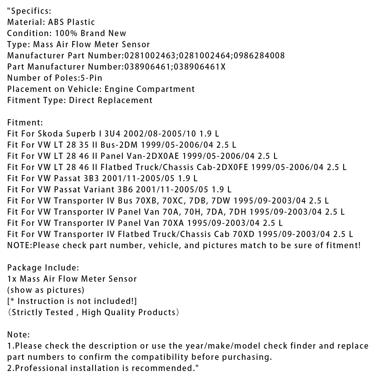 Mass Air Flow Meter Sensor For VW Transporter IV Passat 3B Superb I 0281002463