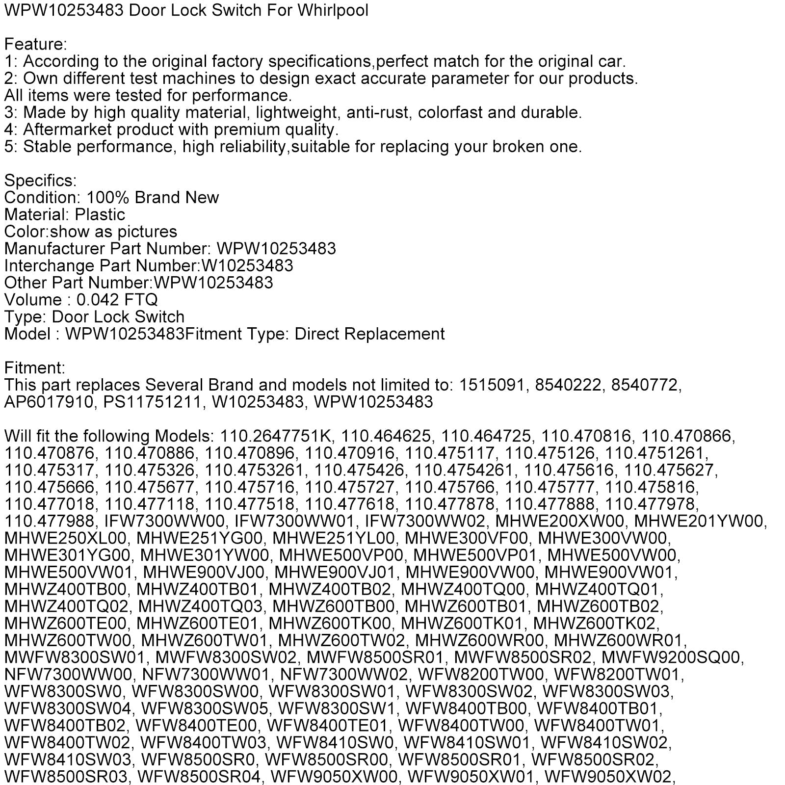 WPW10253483 Door Lock Switch For Whirlpool