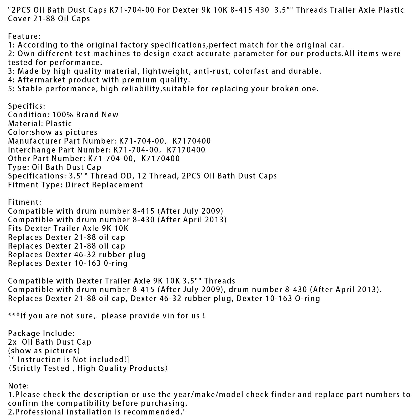 2PCS Oil Bath Dust Caps K71-704-00 For Dexter 9k 10K 8-415 430 3.5"