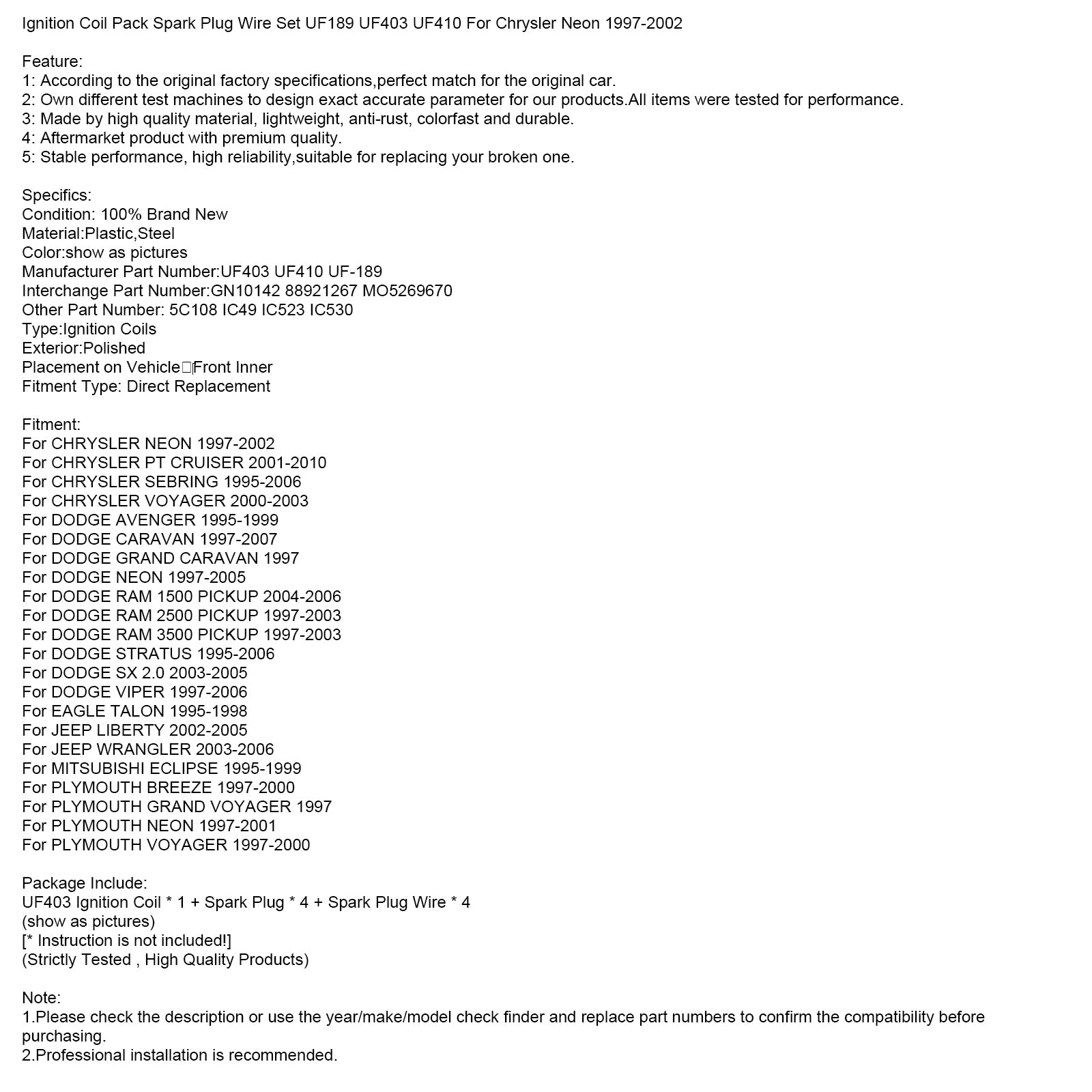 1995-1999 MITSUBISHI ECLIPSE Ignition Coil Pack Spark Plug Wire Set UF189 UF403 UF410