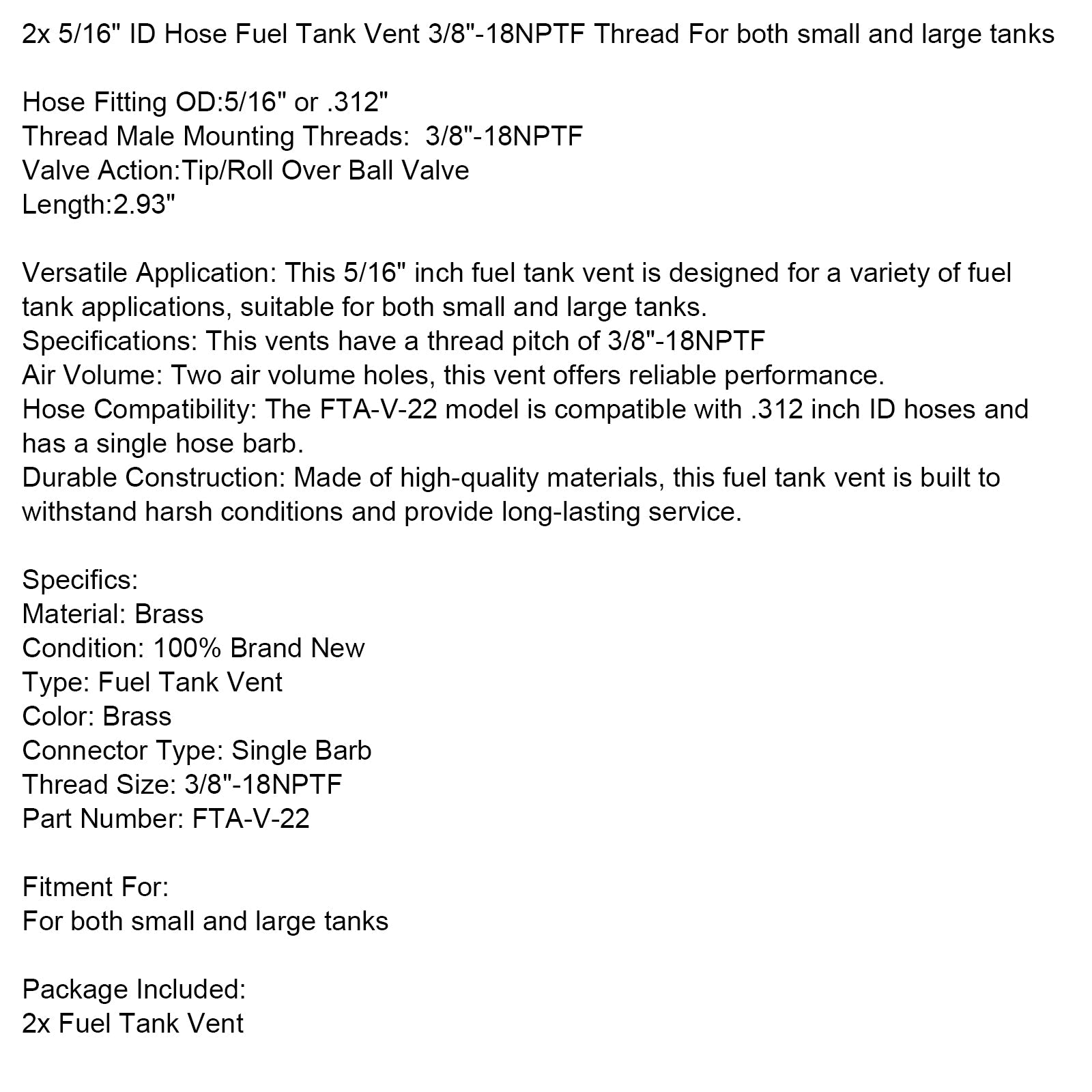 2x 5/16" ID Hose Fuel Tank Vent 3/8"-18NPTF Thread For both small and large tanks