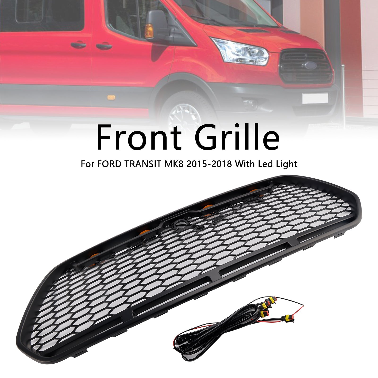 2015-2018 Ford Transit MK8 Raptor w/LED Matt Black Front Bumper Grill Grille