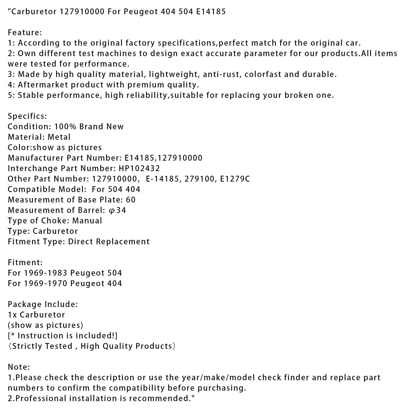 1969-1970 Peugeot 404 Carburetor 127910000