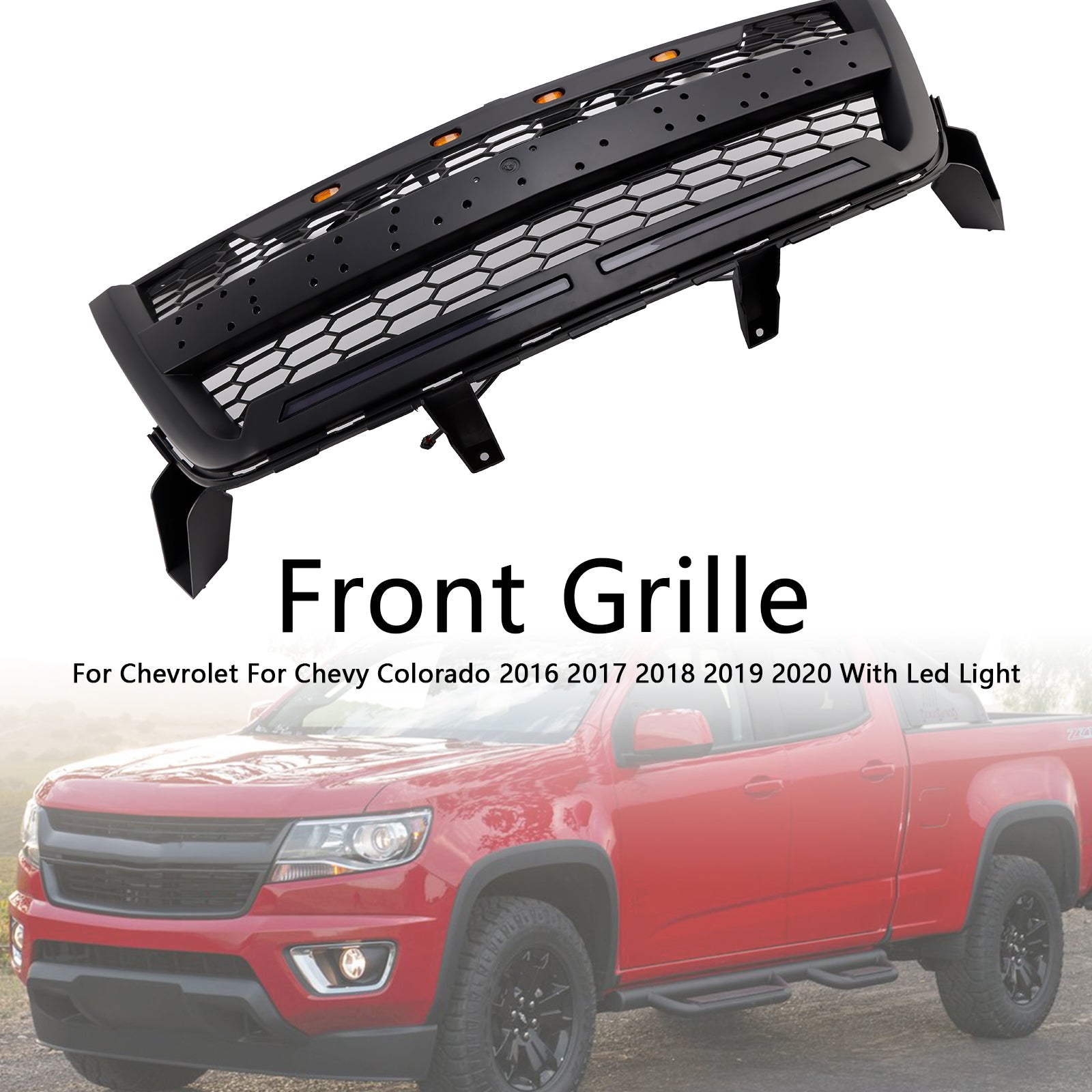 Matte Black Front Bumper Grille Grill Fit Chevy Colorado 2016-2020 W//LED