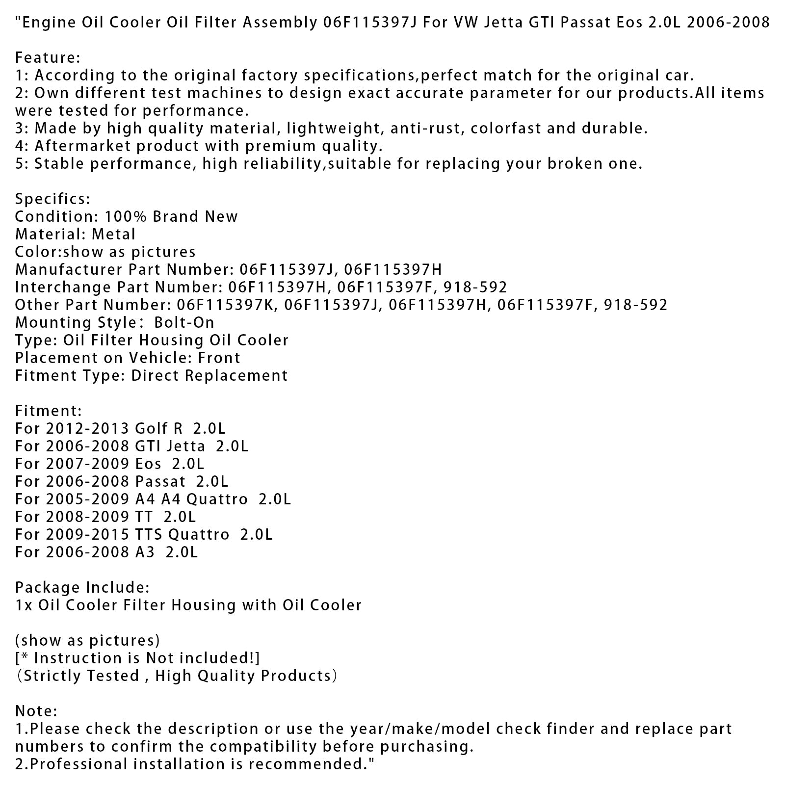 2005-2009 A4 A4 Quattro 2.0L Engine Oil Cooler Oil Filter Assembly 06F115397J 06F115397H 918-592