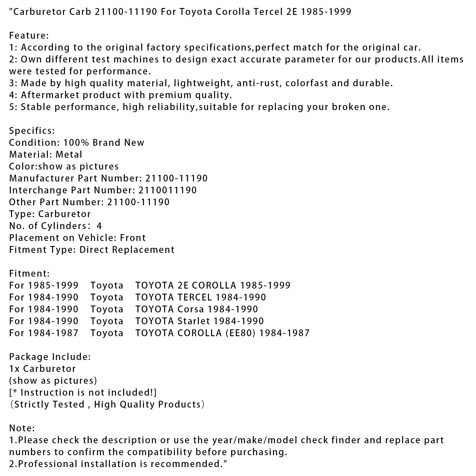 1984-1990 Toyota TOYOTA TERCEL Carburetor Carb 21100-11190