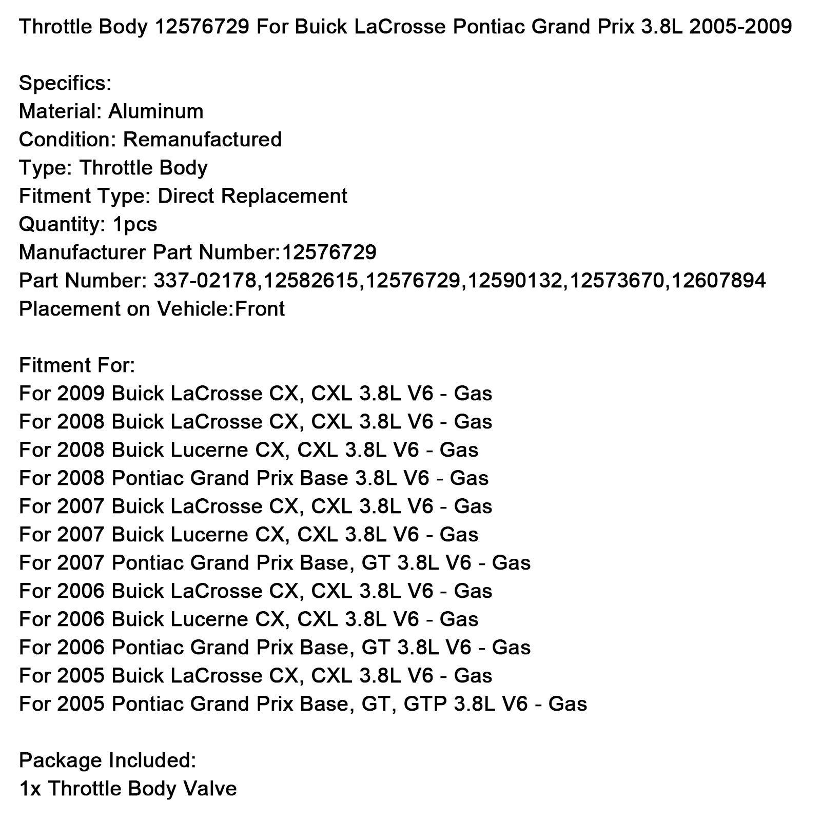 Throttle Body 12576729 For Buick LaCrosse Pontiac Grand Prix 3.8L 05-09