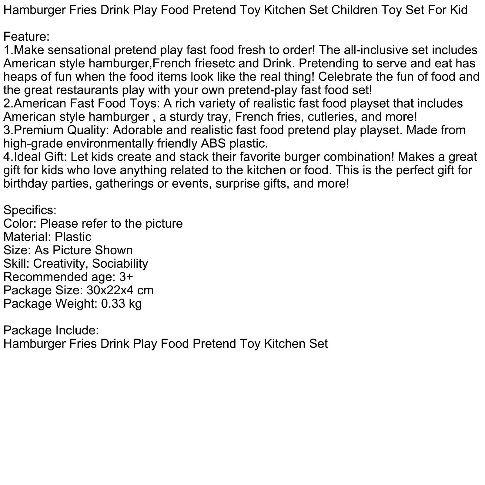 Hamburger Waffles Fries Drink Play Food Pretend Toy Kitchen Set Children Toy Set