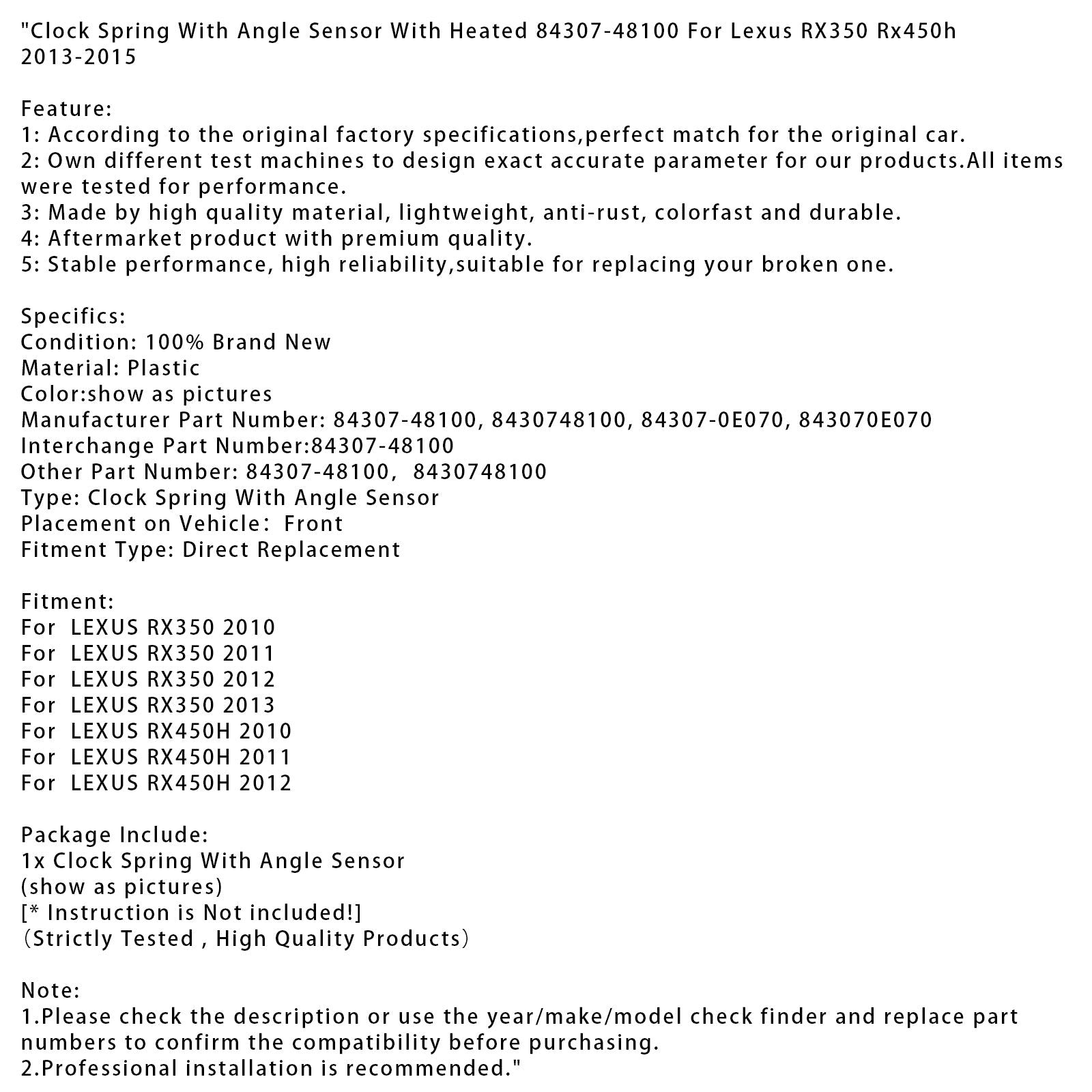 2010 LEXUS RX350 Clock Spring With Angle Sensor With Heated 84307-48100 843070E070