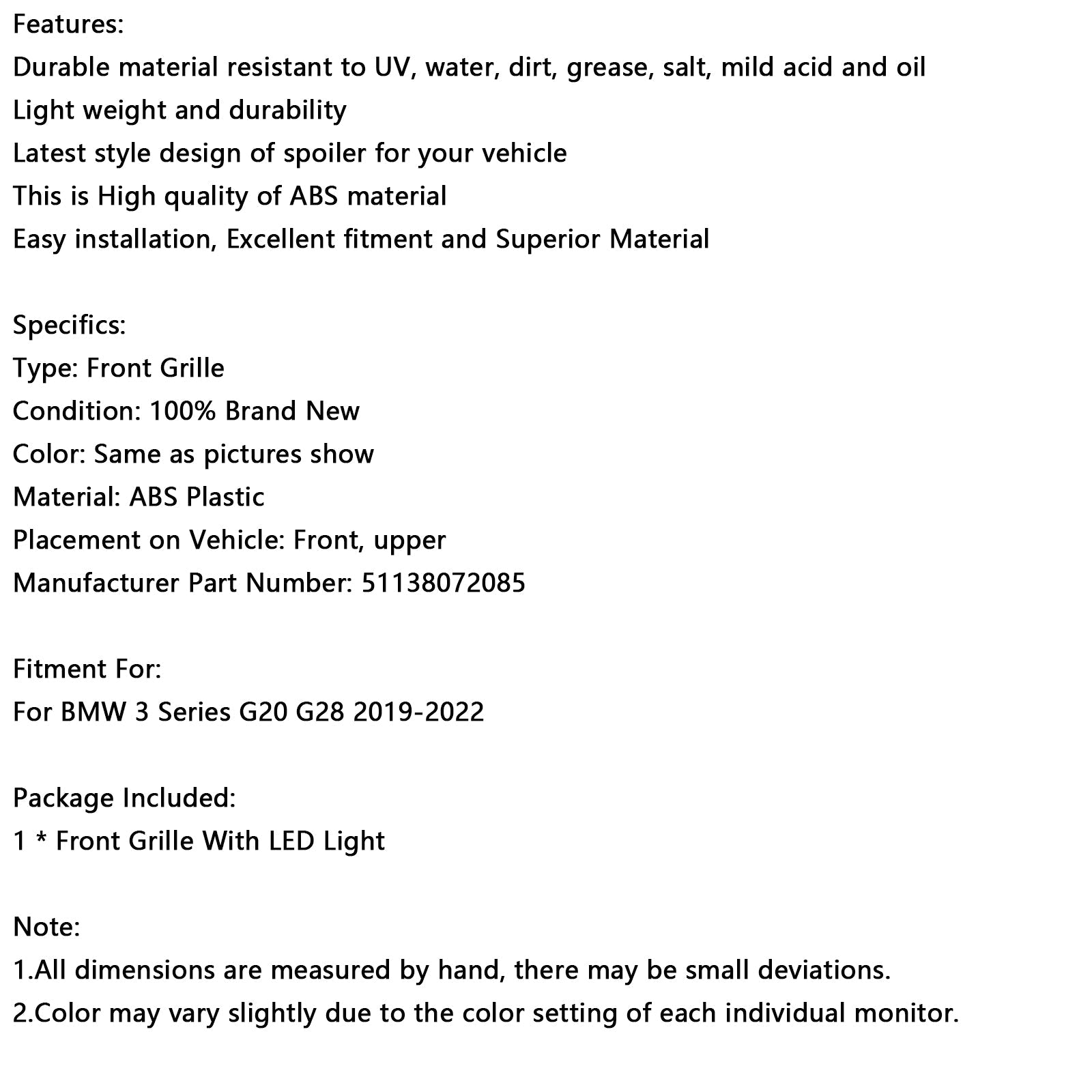 Double Slat Black Kidney Grille 51138072085 Fit BMW 3 Series G20 2019-2022