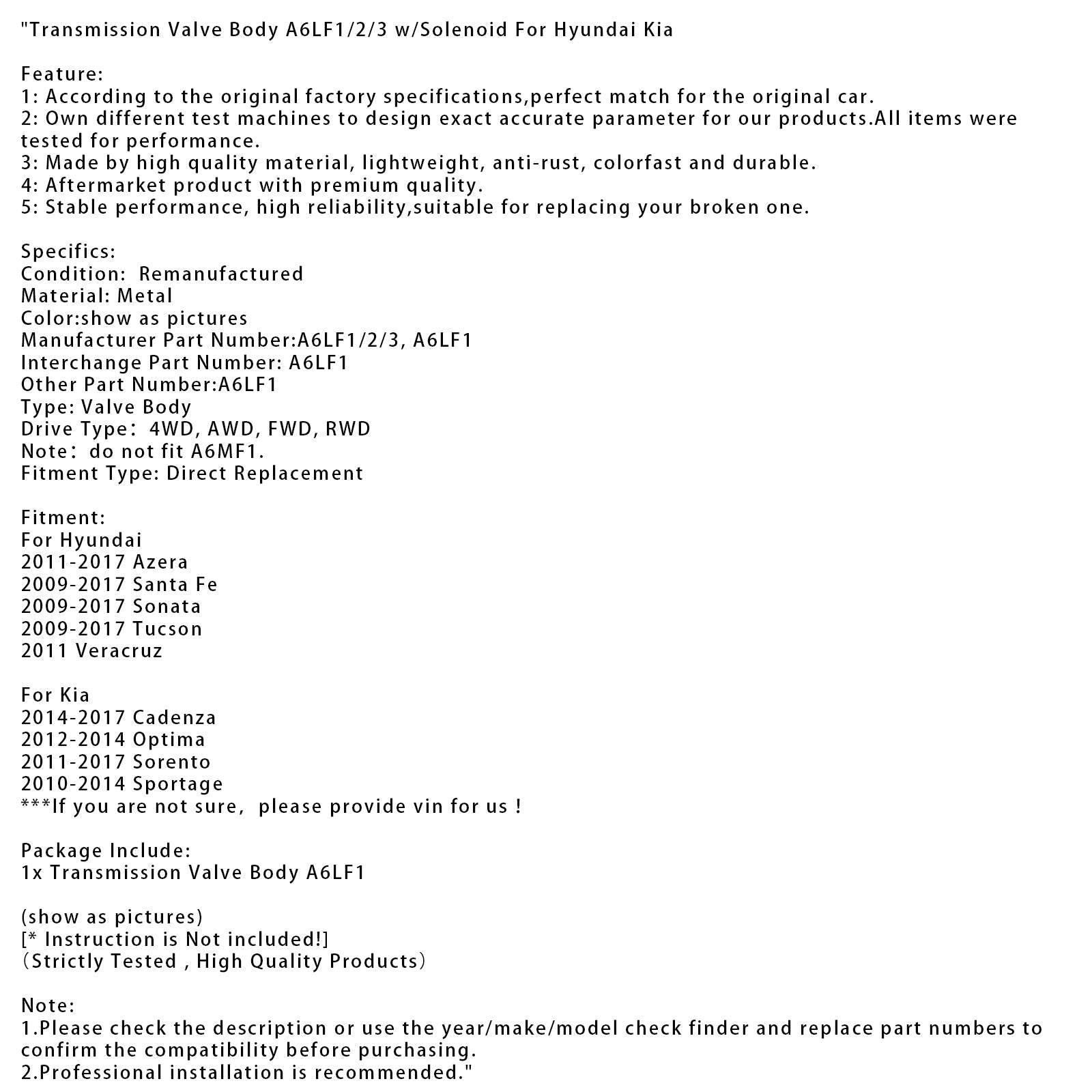 2011-2017 Hyundai Azera Transmission Valve Body A6LF1/2/3 w/Solenoid