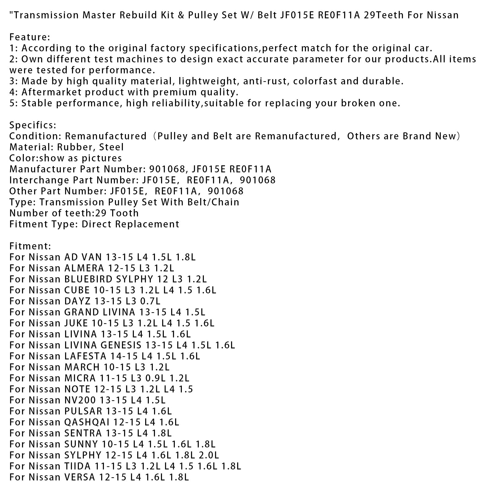 2010-2015 Nissan CUBE L3 1.2L L4 1.5 1.6L Transmission Master Rebuild Kit & Pulley W/ Belt JF015E RE0F11A 29T