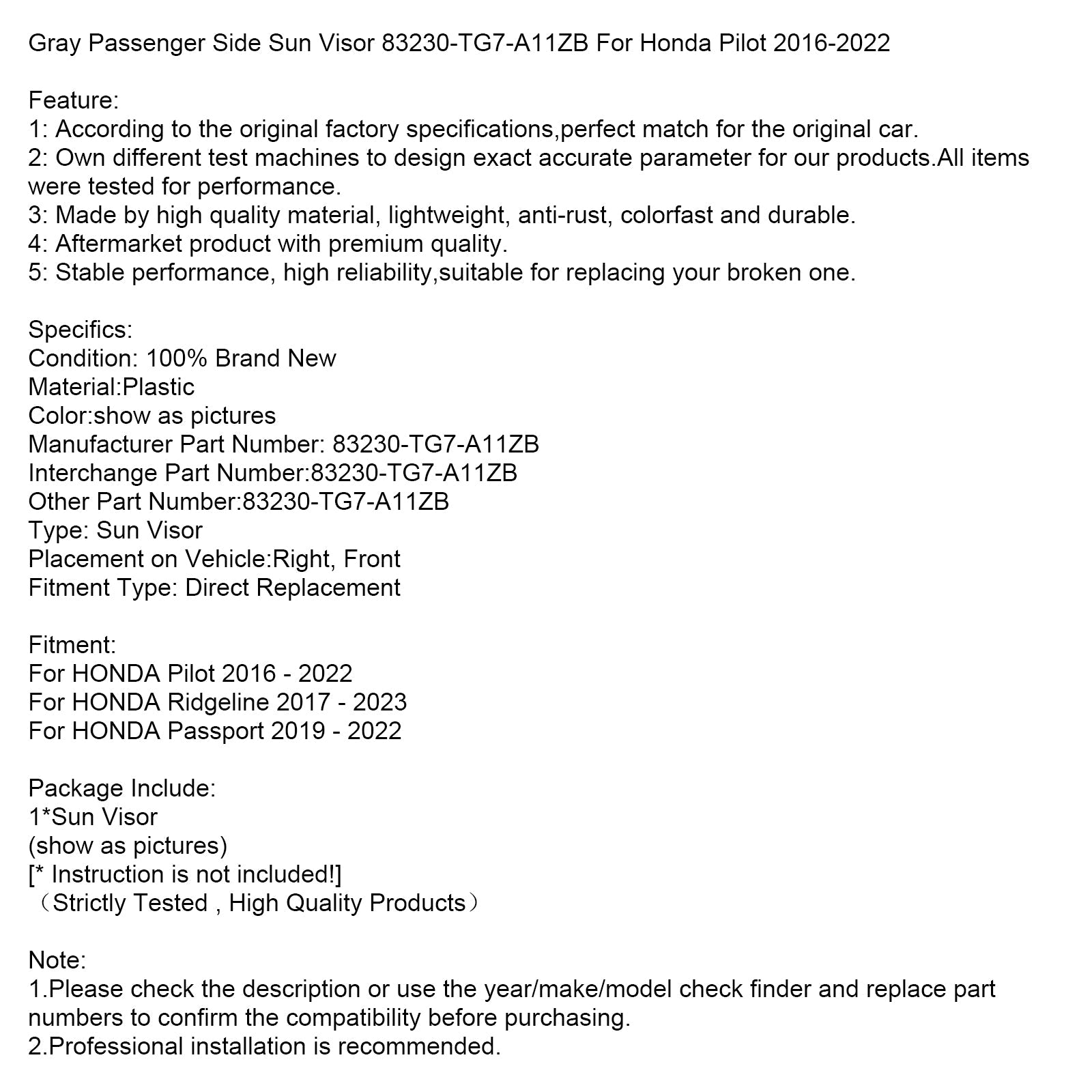 2016-2022 Honda Pilot Gray Right Side Sun Visor 83230-TG7-A11ZB