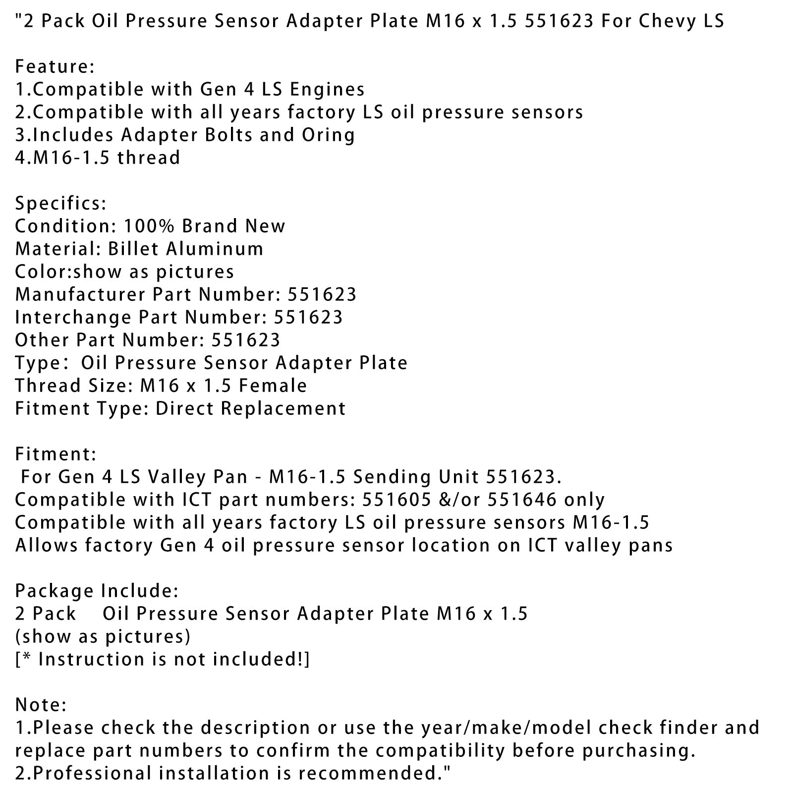 2 Pack Oil Pressure Sensor Adapter Plate M16 x 1.5 551623 For Chevy LS