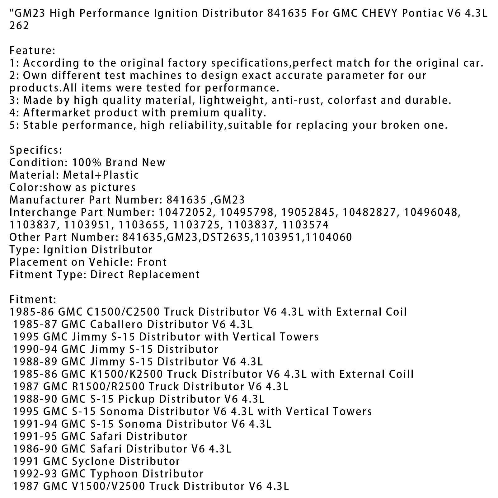 1985-1986 GMC K1500/K2500 Truck Distributor V6 4.3L with External Coill High Performance Ignition Distributor 841635 GM23