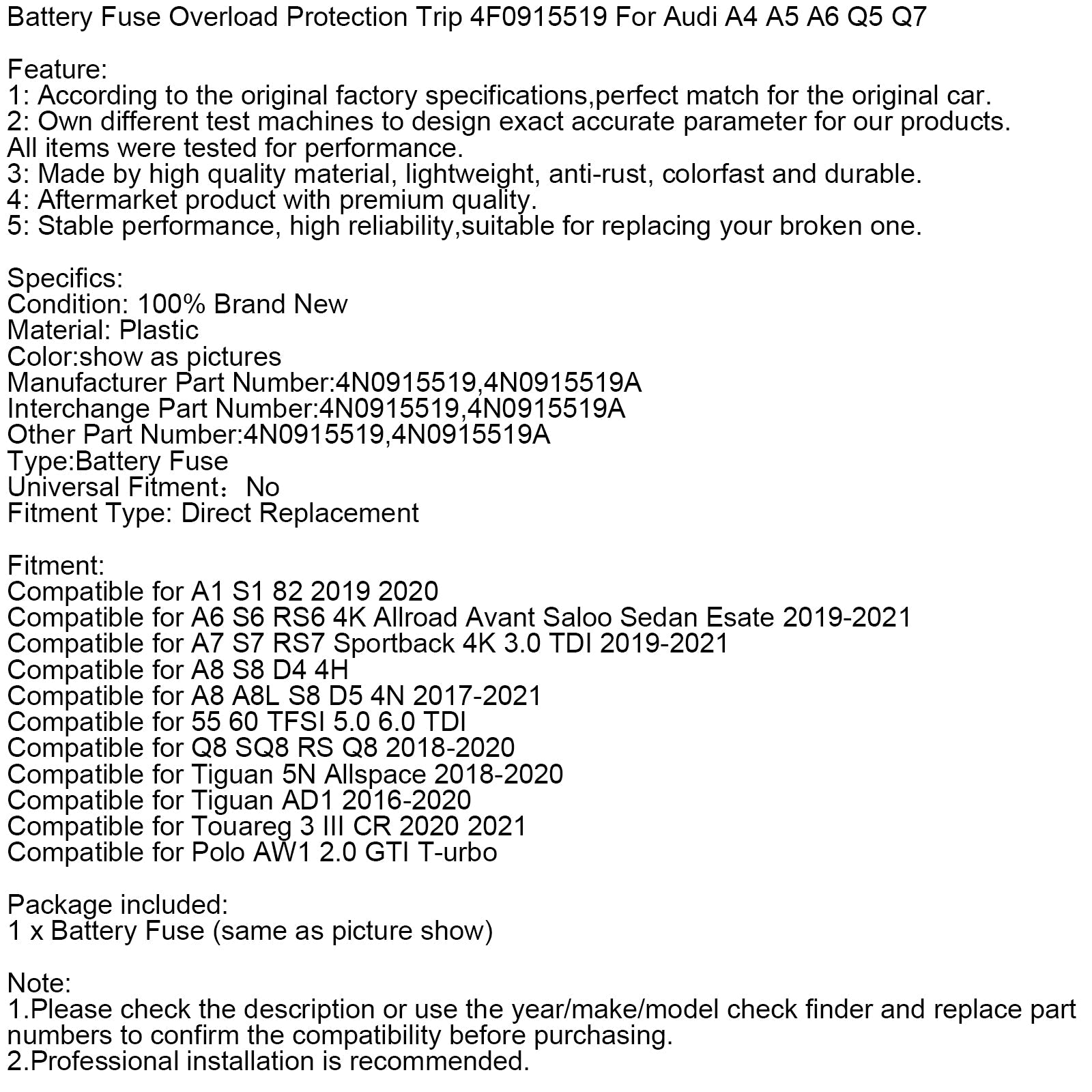 Battery Fuse Overload Protection Trip 4N0915519 For Audi A6 A7 A8 Q8 S6 S7 S8