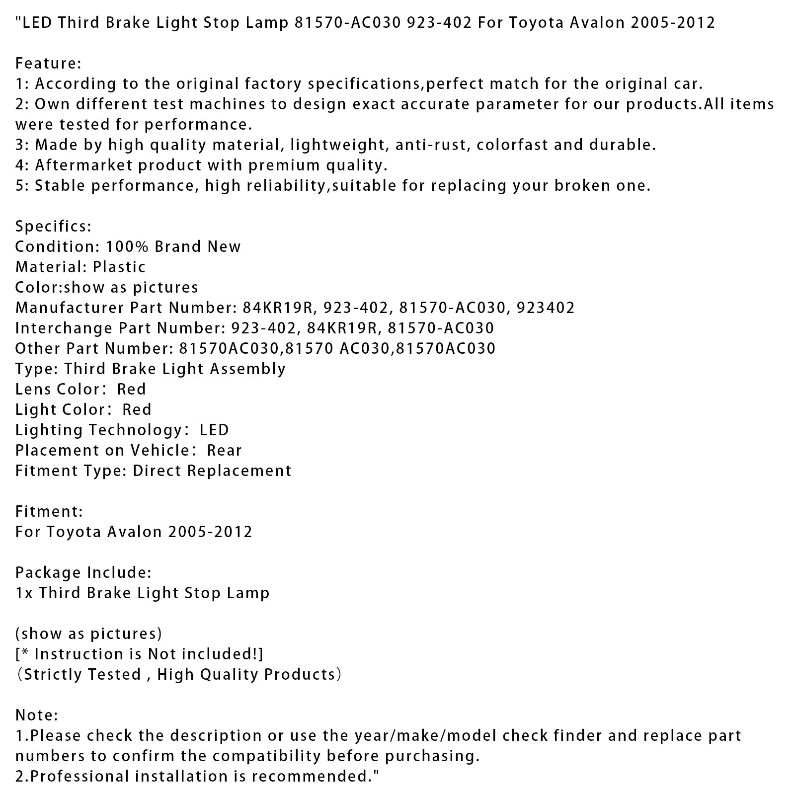 LED Third Brake Light Stop Lamp 81570-AC030 923-402 For Toyota Avalon 2005-2012