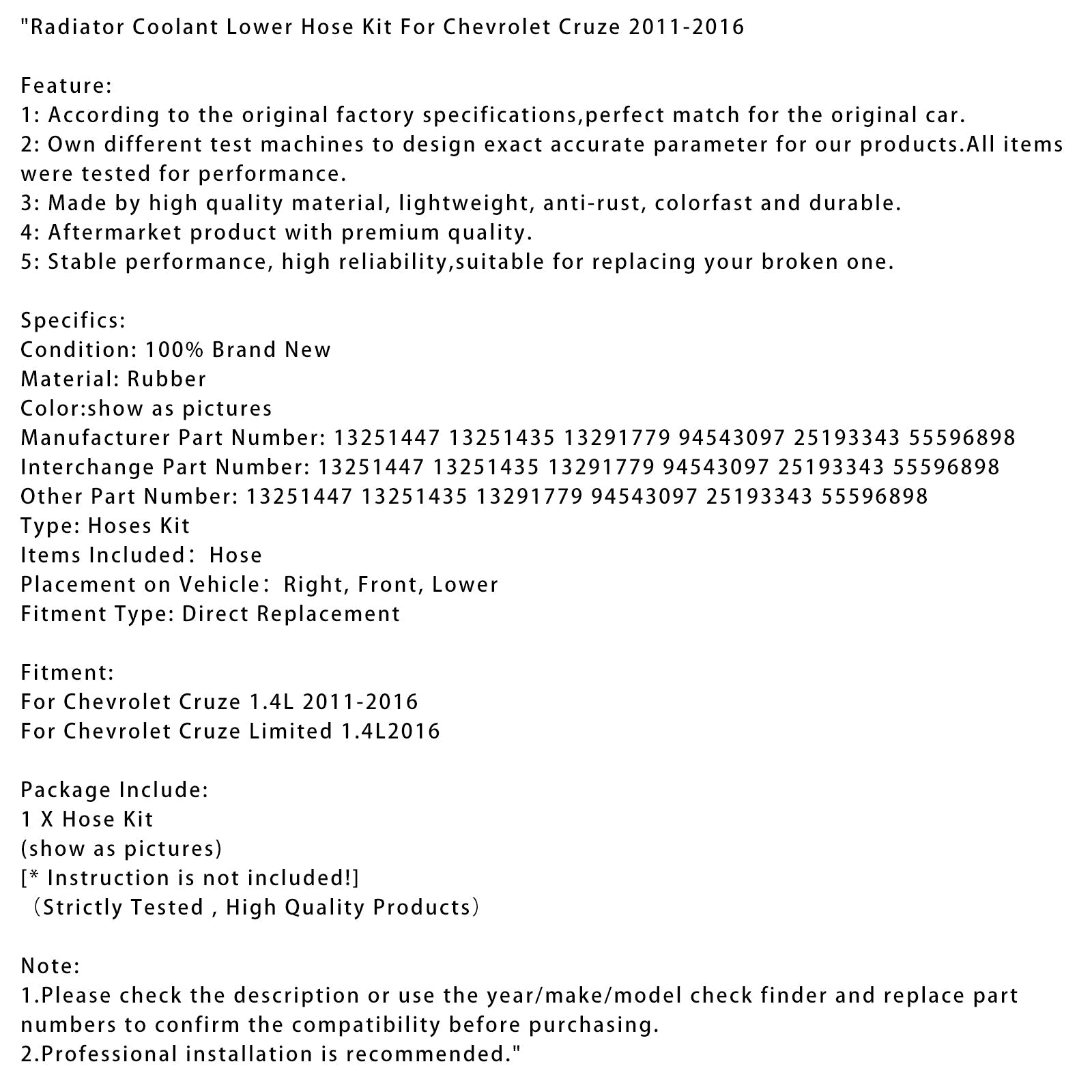 2011-2016 Chevrolet Cruze 1.4L Radiator Coolant Lower Hose Kit 13251447 13251435