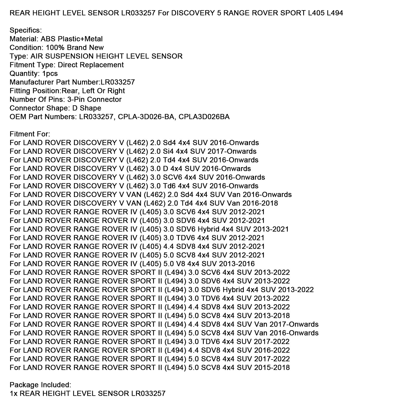 REAR HEIGHT LEVEL SENSOR LR033257 For DISCOVERY 5 RANGE ROVER SPORT L405 L494