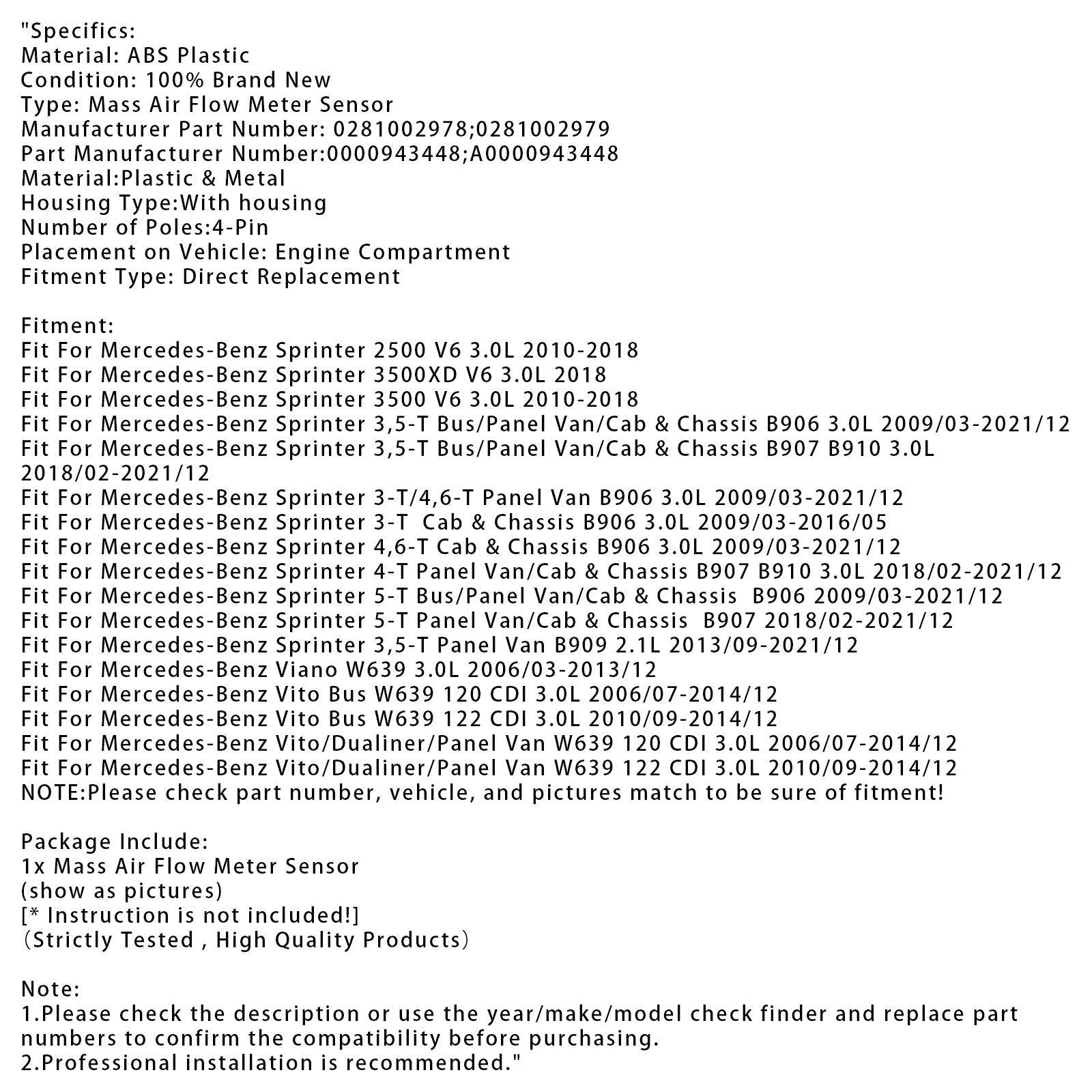 Mass Air Flow Meter Sensor For Mercedes Sprinter 2500 3500 3.0L V6 0281002978