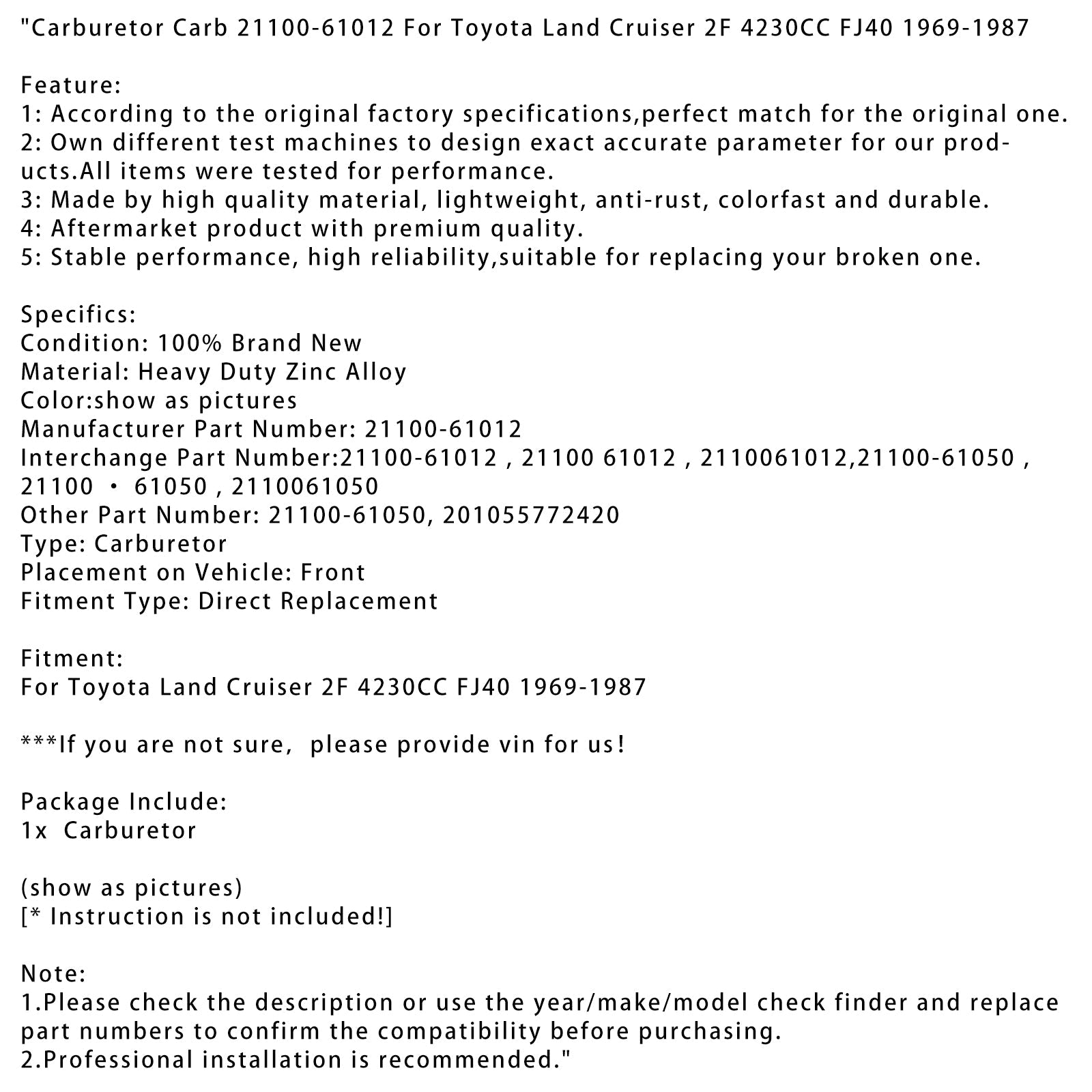 Carburetor Carb 21100-61012 For Toyota Land Cruiser 2F 4230CC FJ40 1969-1987