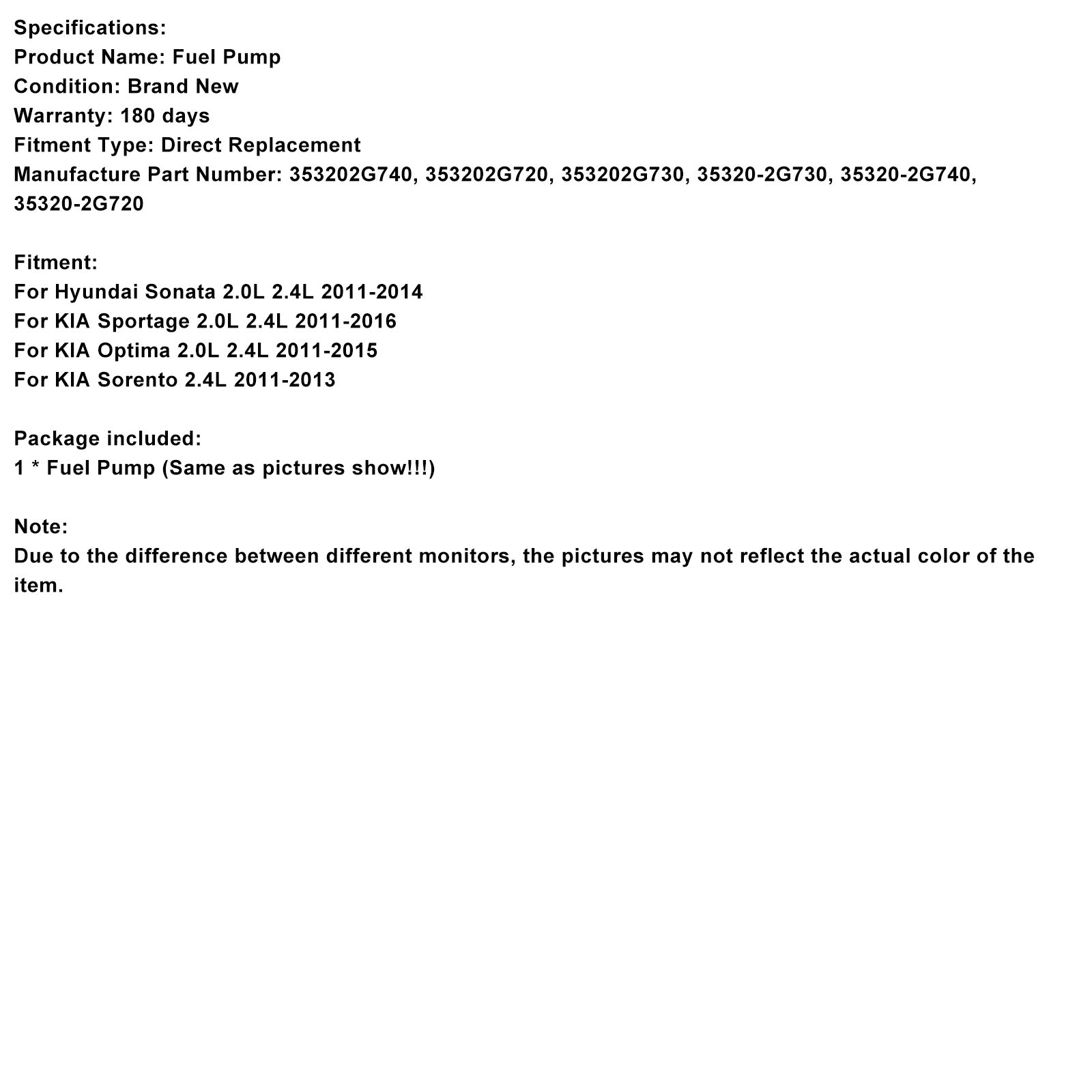 2011-2014 Hyundai Sonata 2.0L 2.4L High Pressure Fuel Pump 353202G730 353202G740