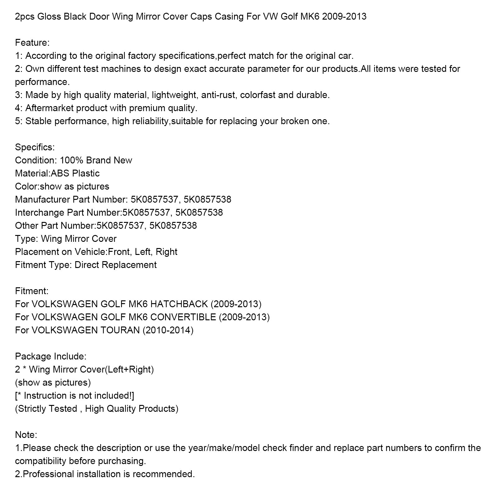 2pcs Gloss Black Door Wing Mirror Cover Caps Casing For VW Golf MK6 2009-2013 5K0857538