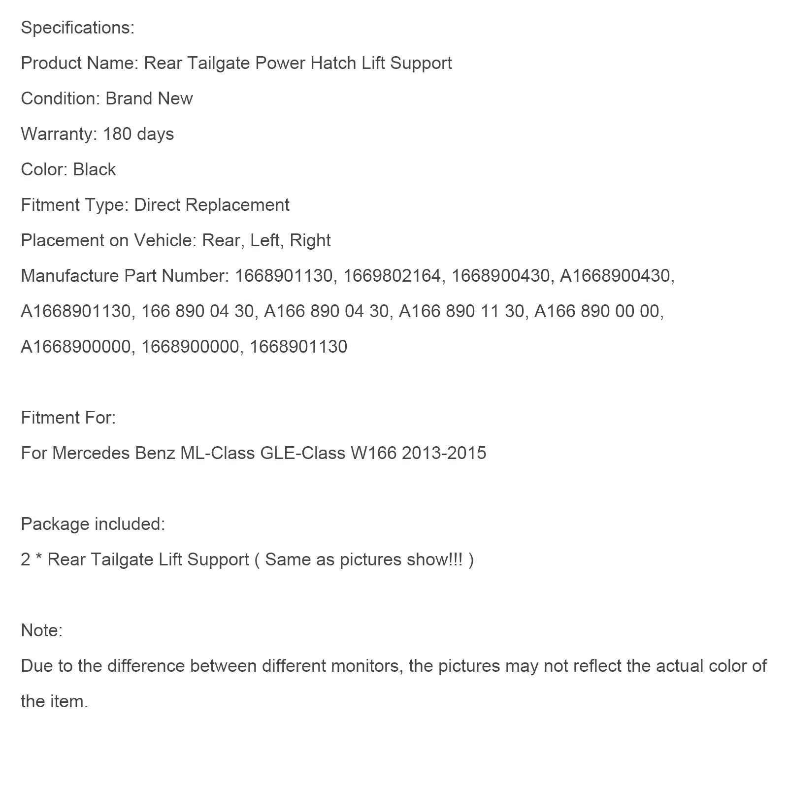 2013-2015 Mercedes Benz ML-Class GLE-Class W166 2PCS Rear Spindle Gas Strut Spring Auto Tailgate Boot 1668901130 1669802164