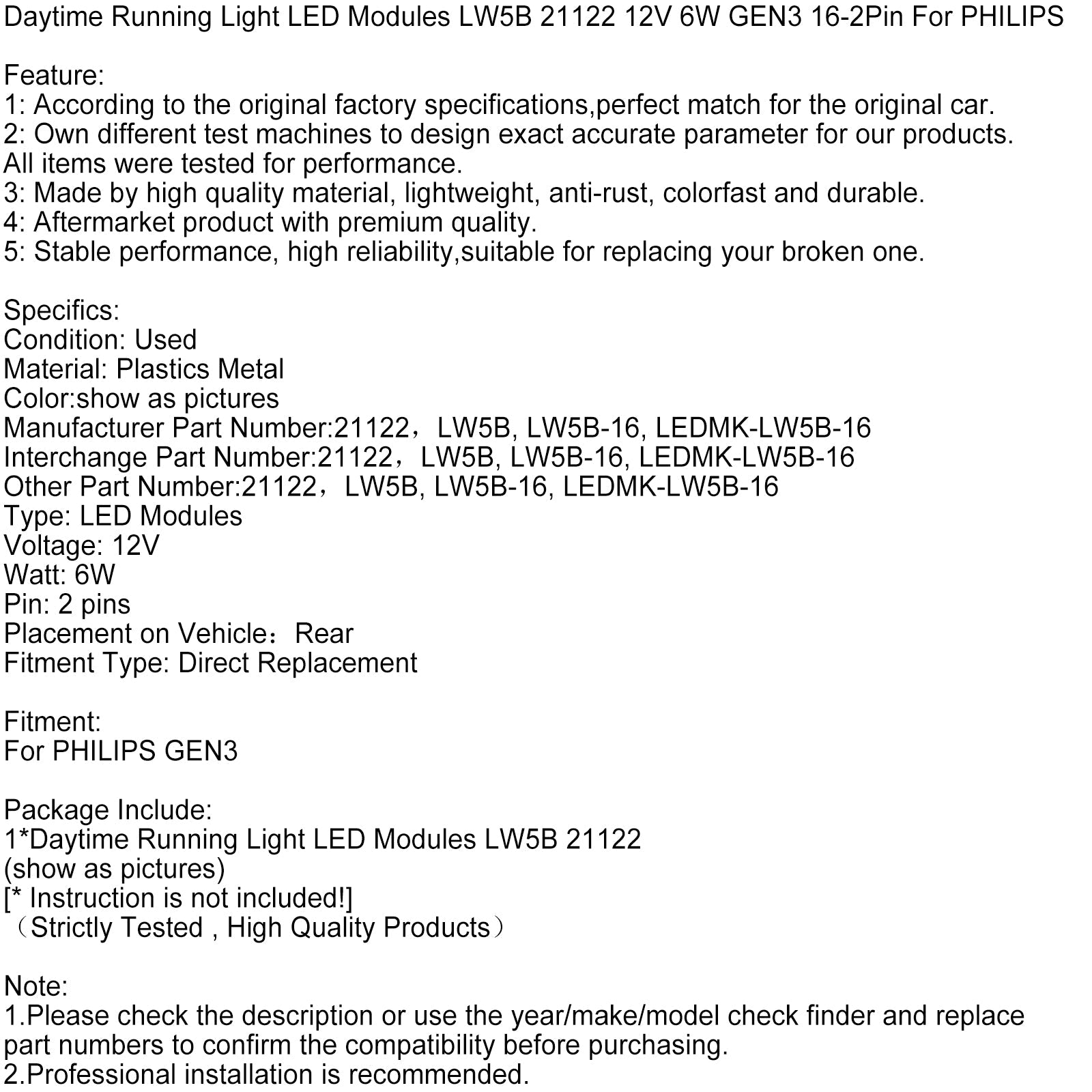 Daytime Running Light LED Modules LW5B 21122 12V 6W GEN3 16-2Pin For PHILIPS