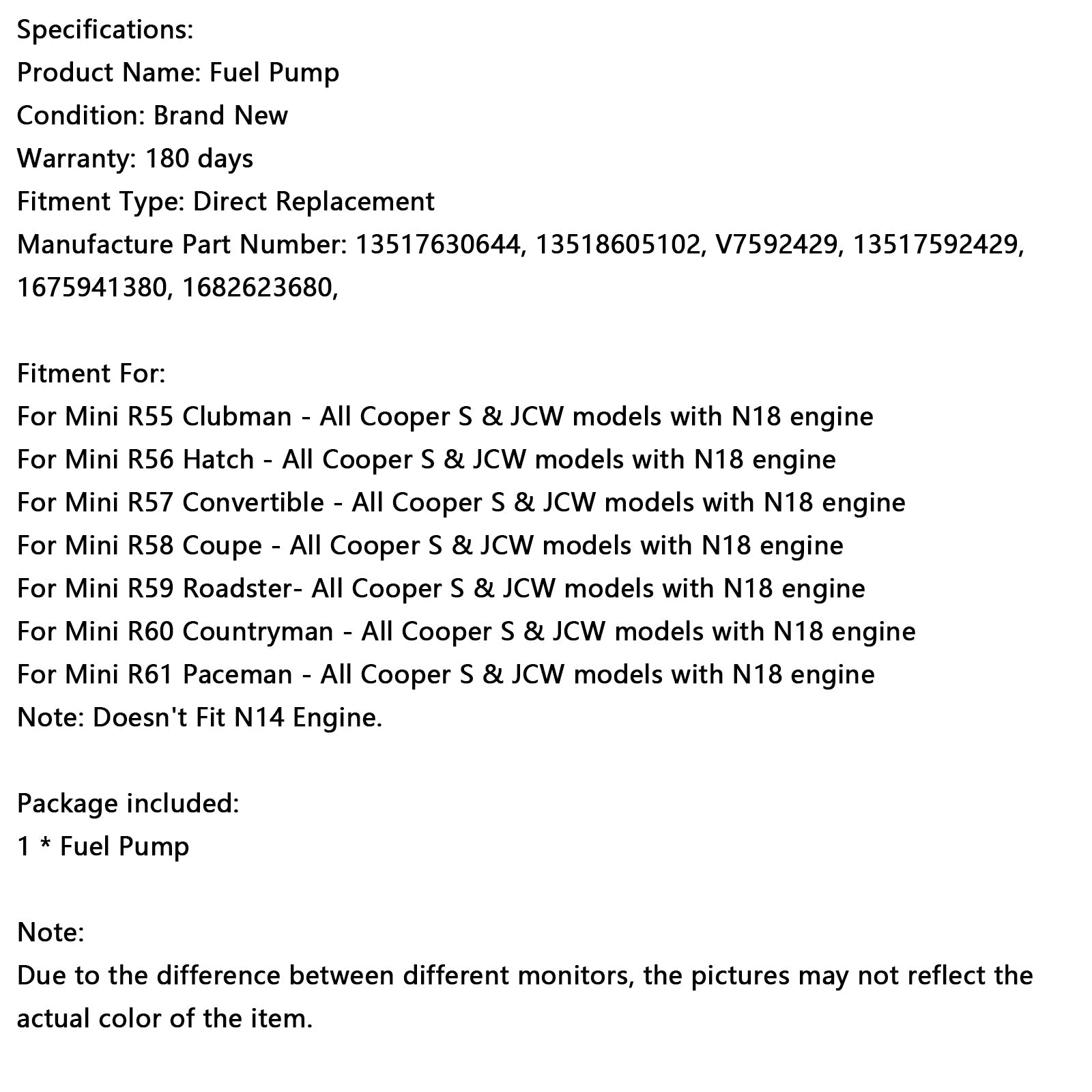 Mini R55 Clubman - All Cooper S & JCW models with N18 engine High Pressure Fuel Pump 13517592429