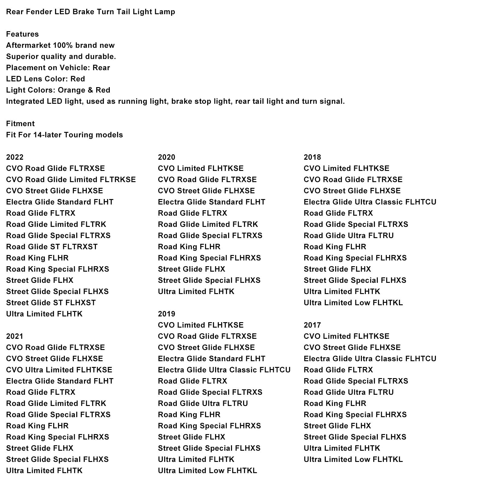 Rear Fender Brake Turn Tail Light Lamp Fit For Touring Electra Glide 2014-2024