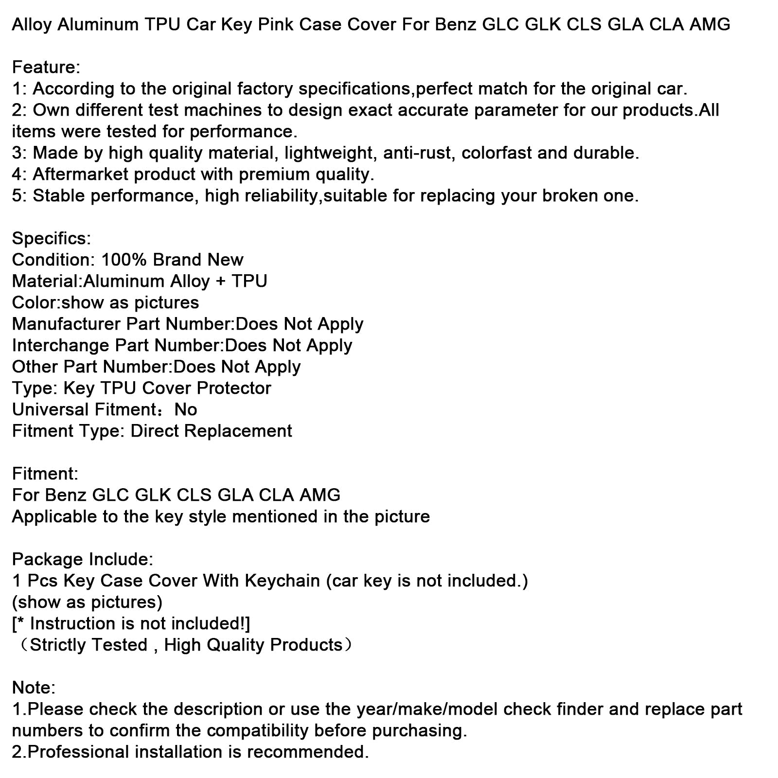 Benz GLC GLK CLS Leather Alloy Aluminum TPU Car Key Pink Case Cover