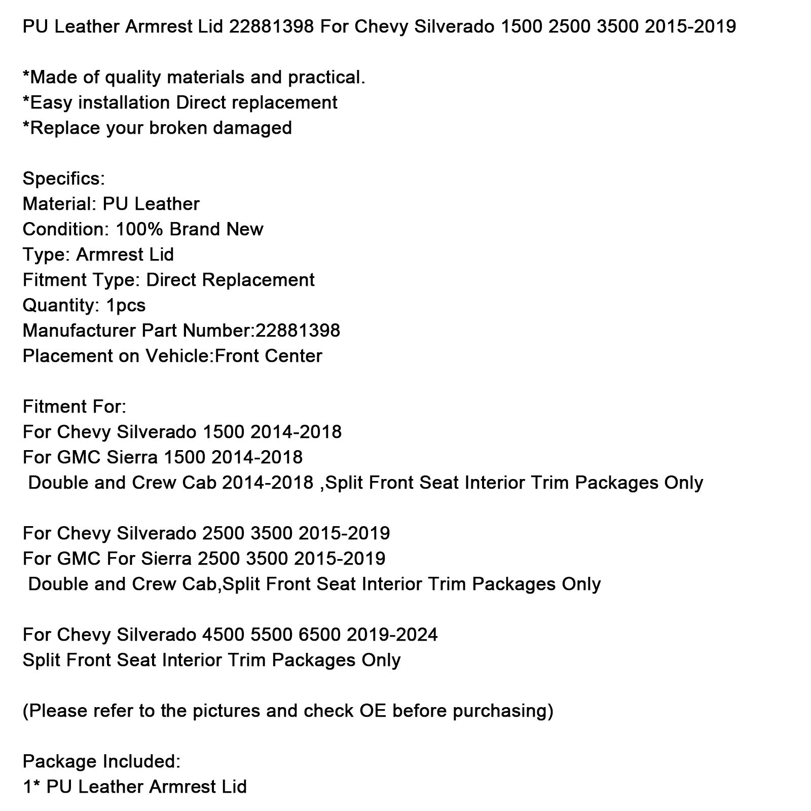 2014-2018 Double and Crew Cab PU Leather Armrest Lid 22881398