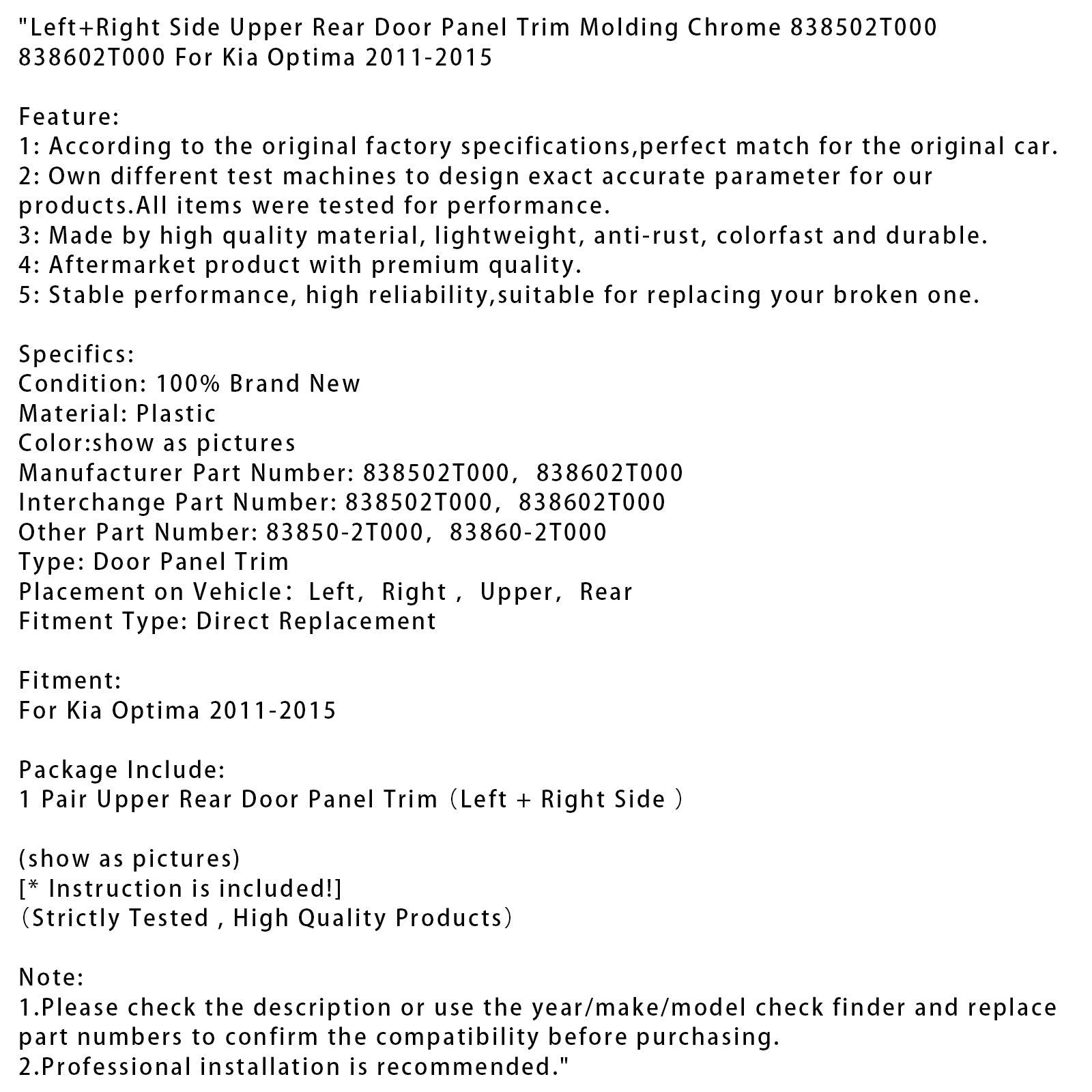 2011-2015 Kia Optima Left+Right Upper Rear Door Panel Trim Molding