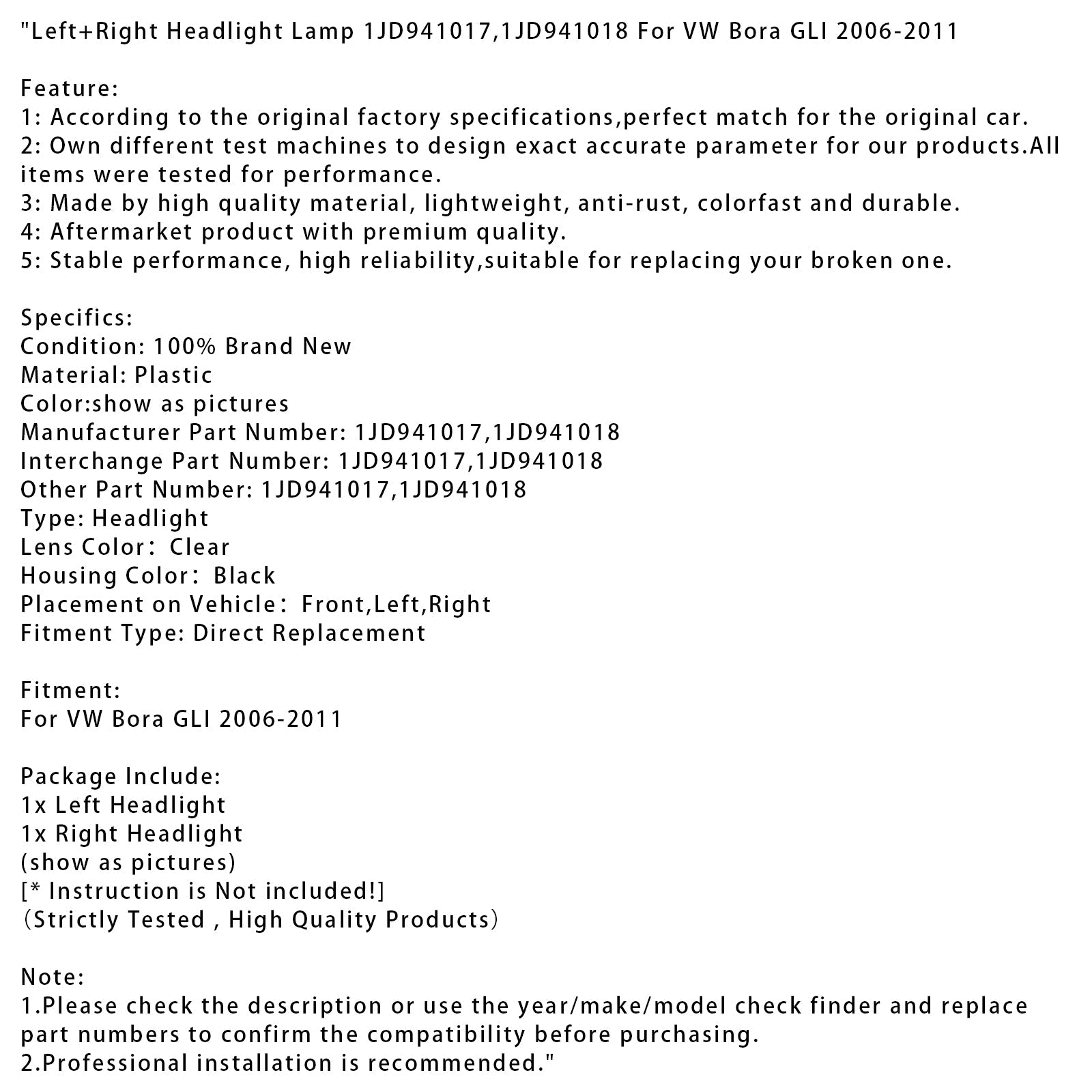 2006-2011 VW Bora GLI Left+Right Headlight Lamp 1JD941017 1JD941018