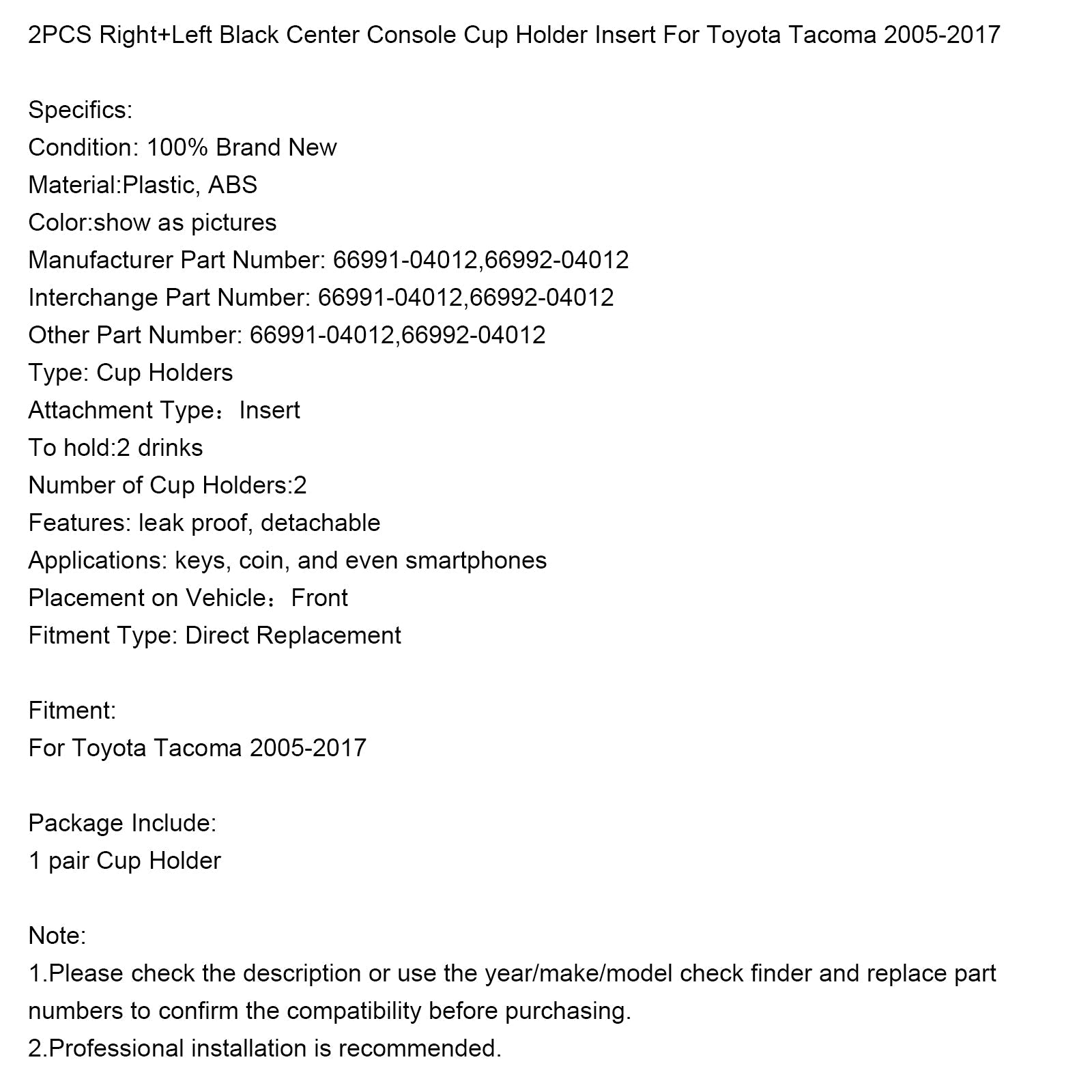 2005-2017 Toyota Tacoma 2PCS Right+Left Black Center Console Cup Holder Insert
