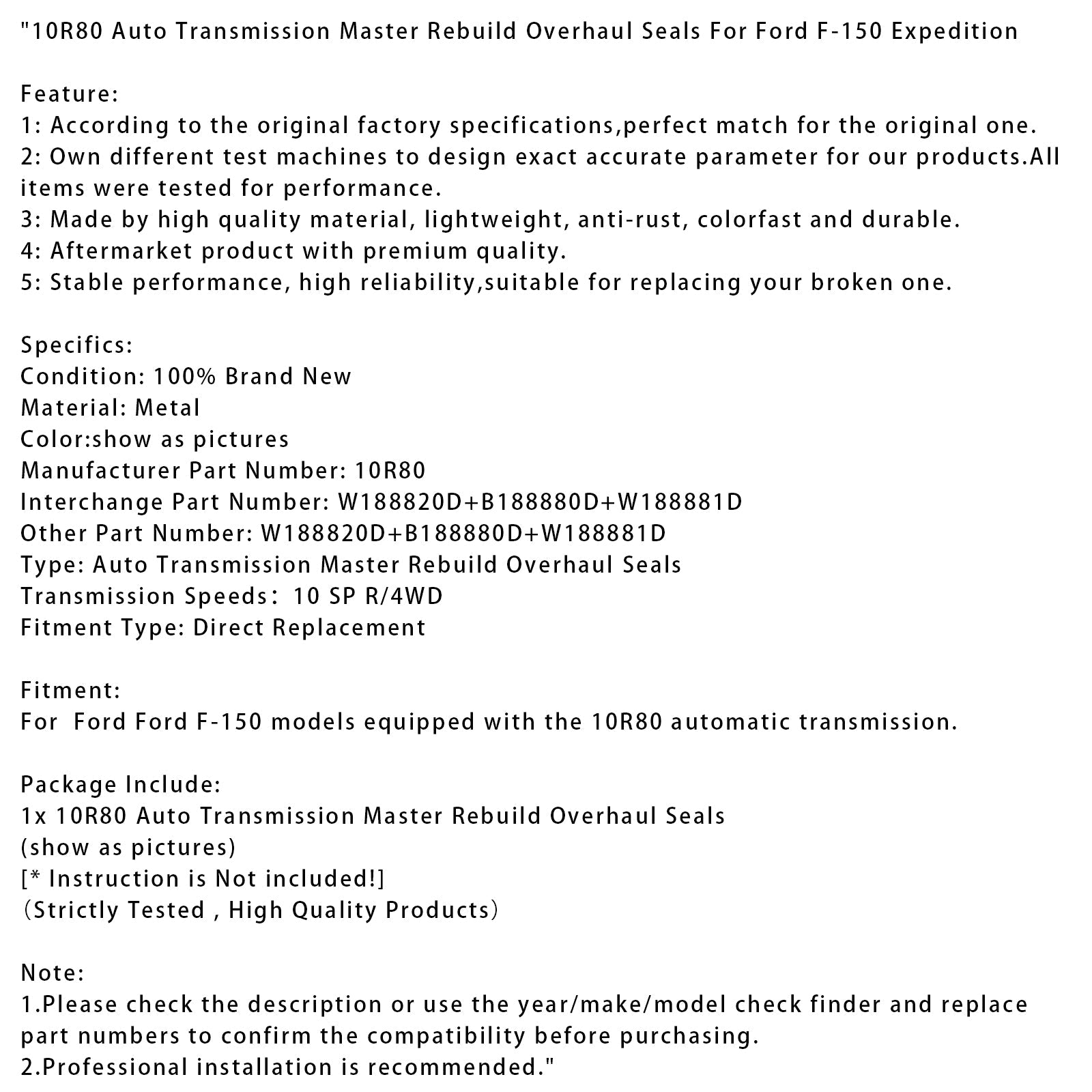 Ford F-150 Expedition 10R80 Auto Transmission Master Rebuild Overhaul Seals