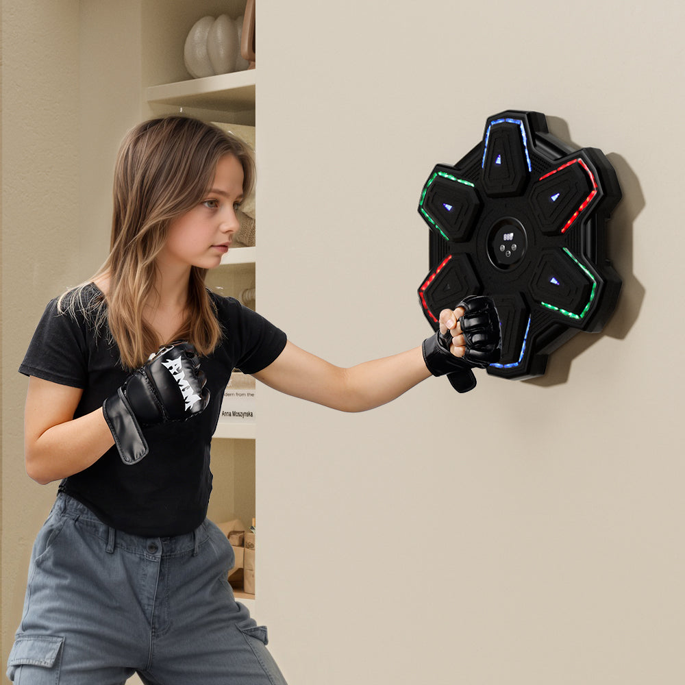 Perfect for Home & Office Workouts Colorful LED Music Punching Machine with Gloves – Bluetooth Boxing Trainer Wall-Mounted for Adults
