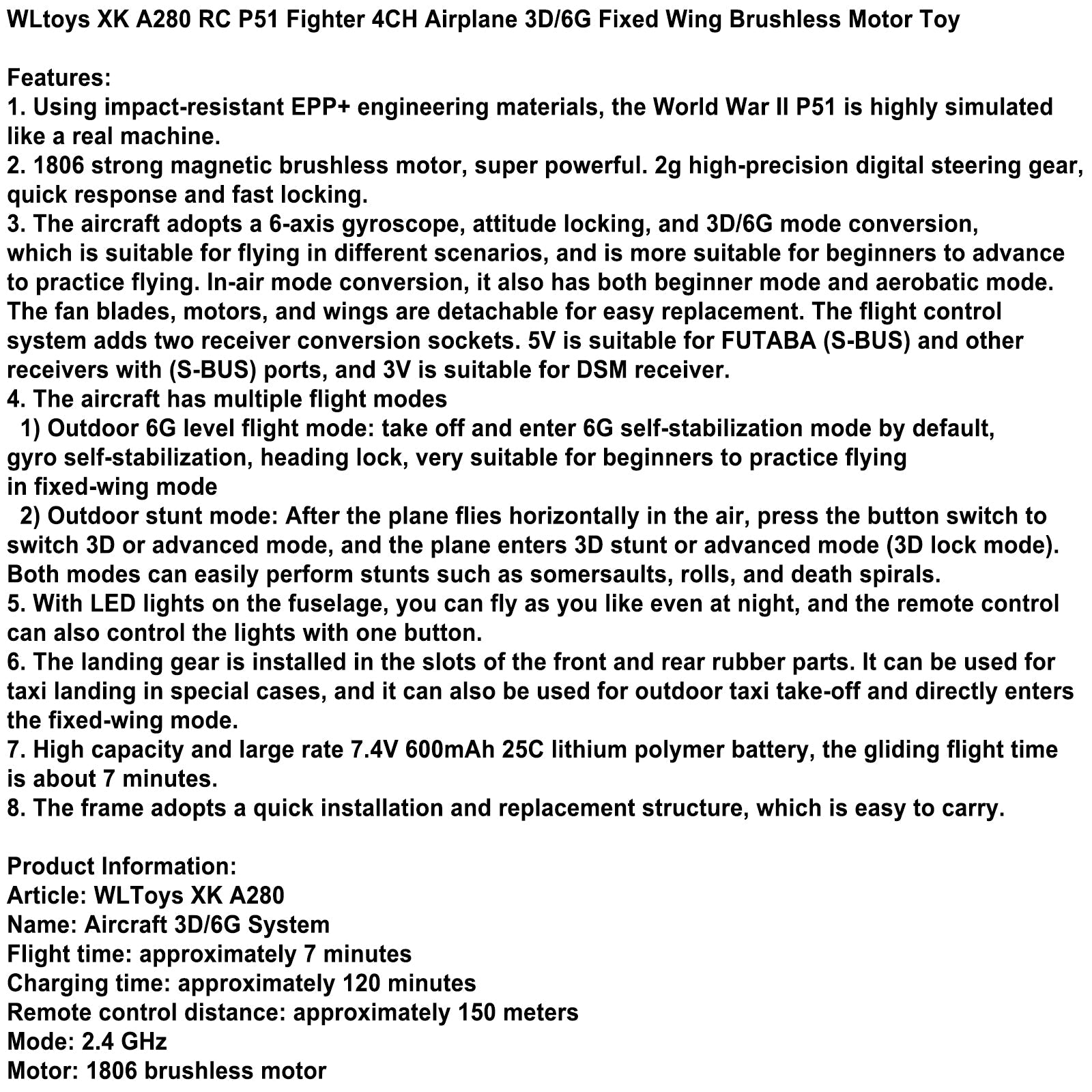 WLtoys XK A280 RC P51 Fighter 4CH Airplane 3D/6G Fixed Wing Brushless Motor Toy