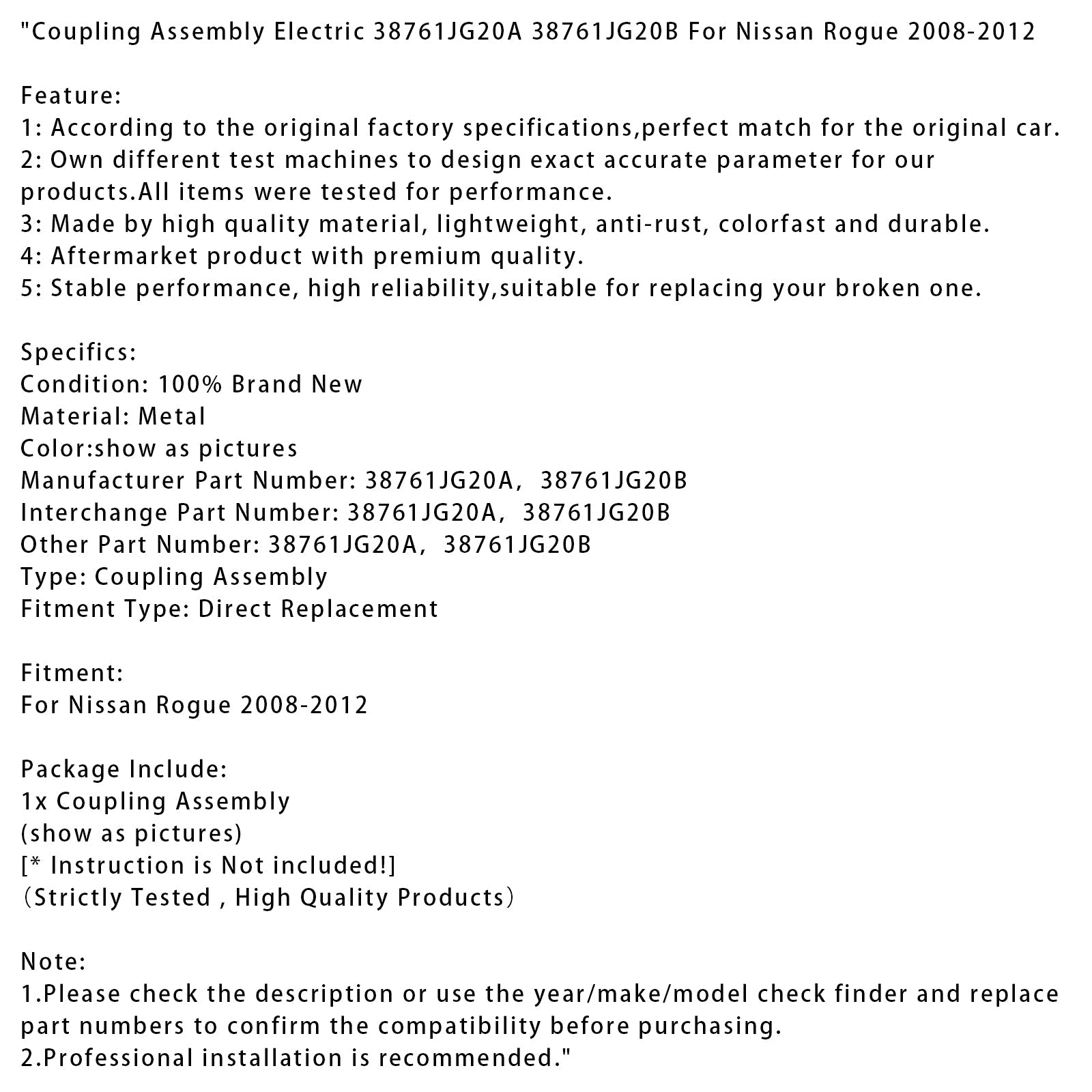 2008-2012 Nissan Rogue Coupling Assembly Electric 38761JG20A 38761JG20B