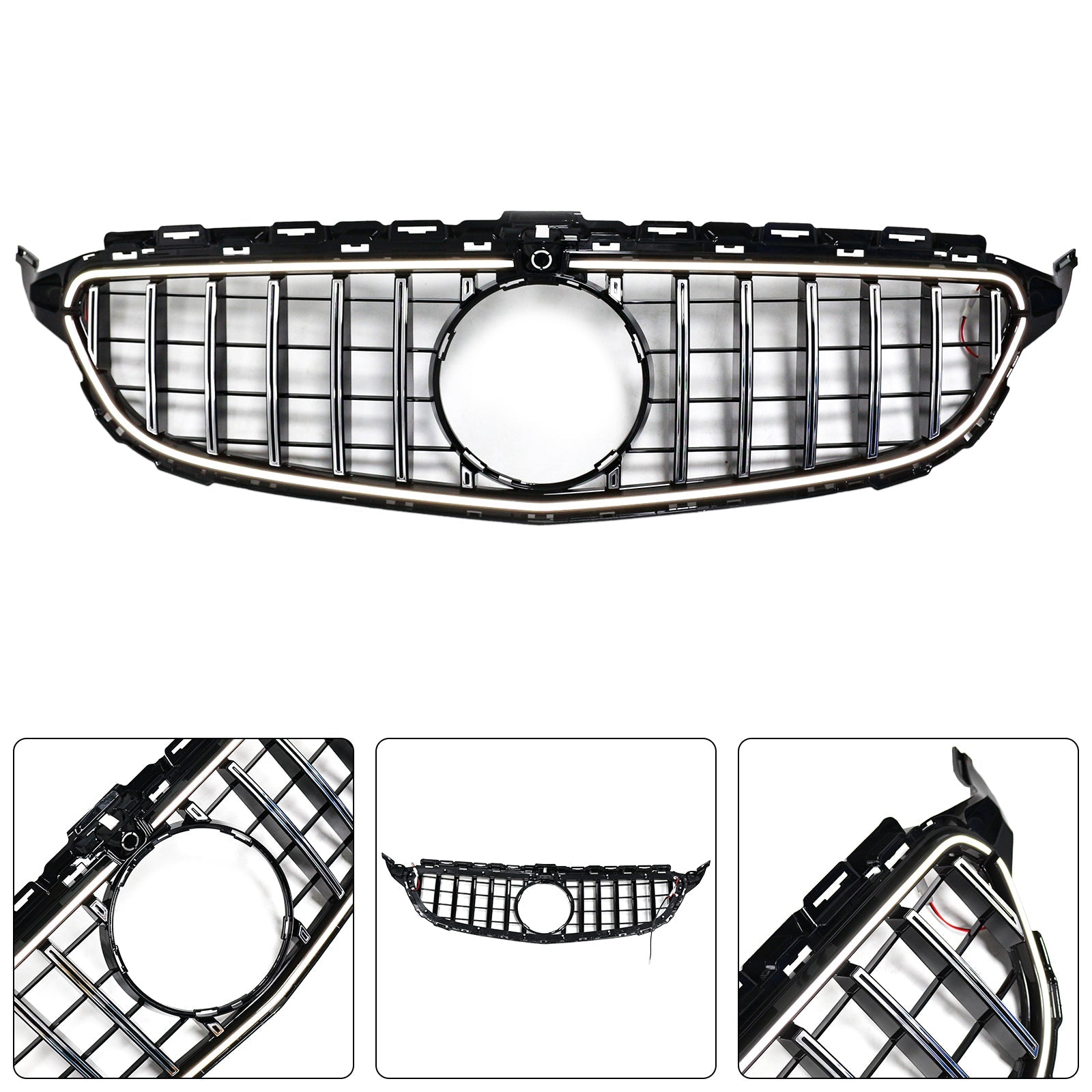 Chrome Front Bumper Grill Grille Fit Mercedes W205 C250 C300 2015-2021 W/LED