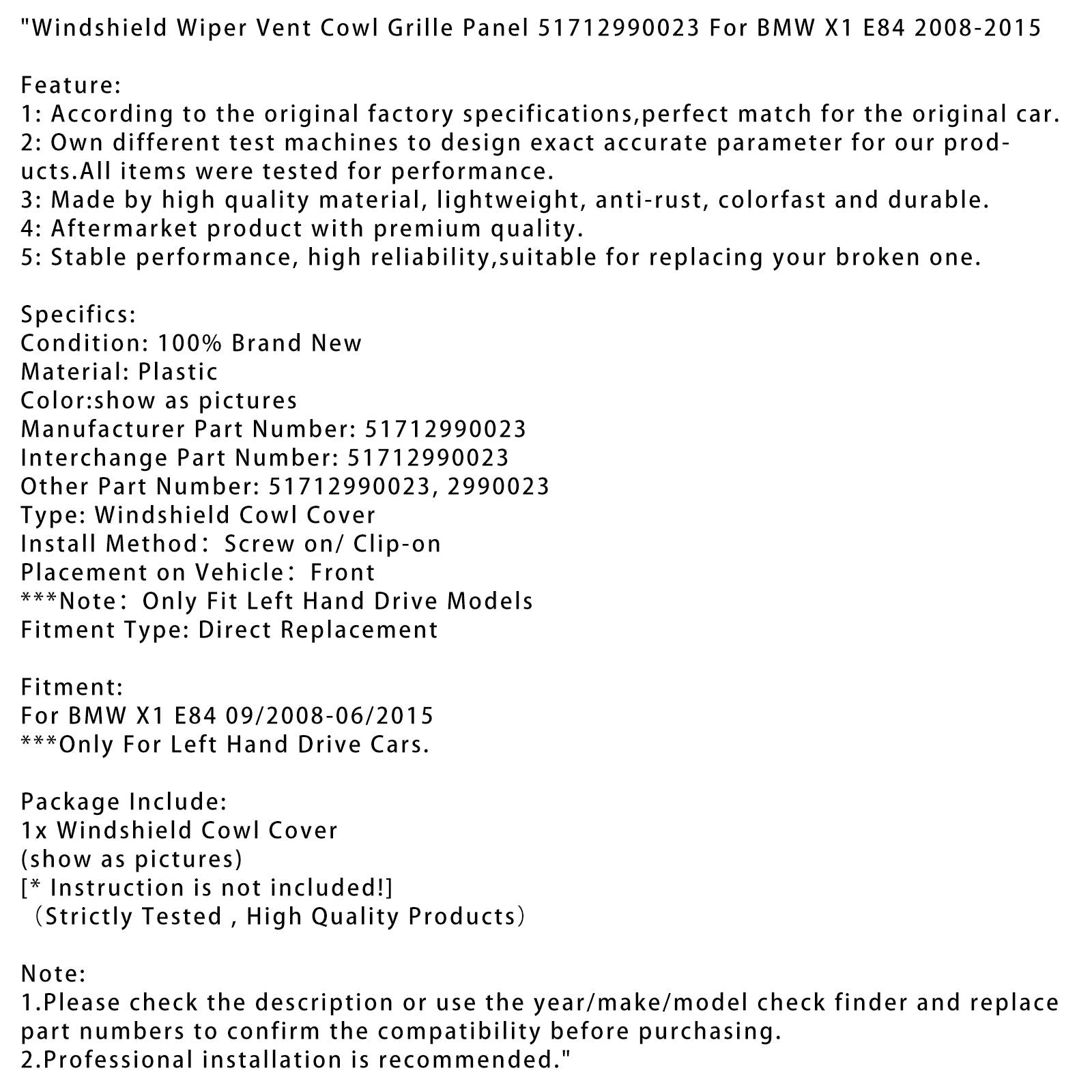 BMW X1 E84 2008-2015용 윈드쉴드 와이퍼 통풍구 카울 그릴 패널 51712990023