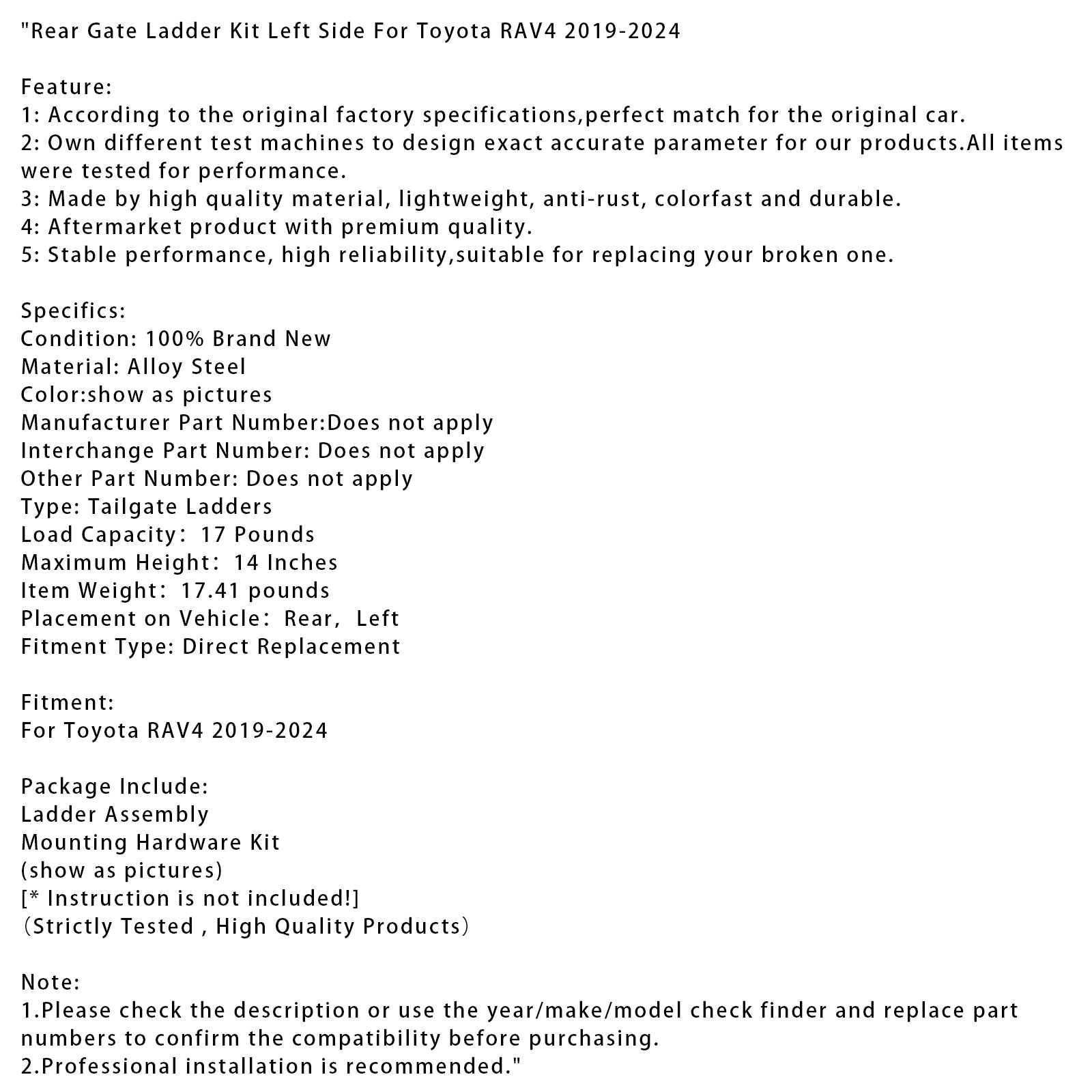 Rear Gate Ladder Kit Left Side For Toyota RAV4 2019-2024