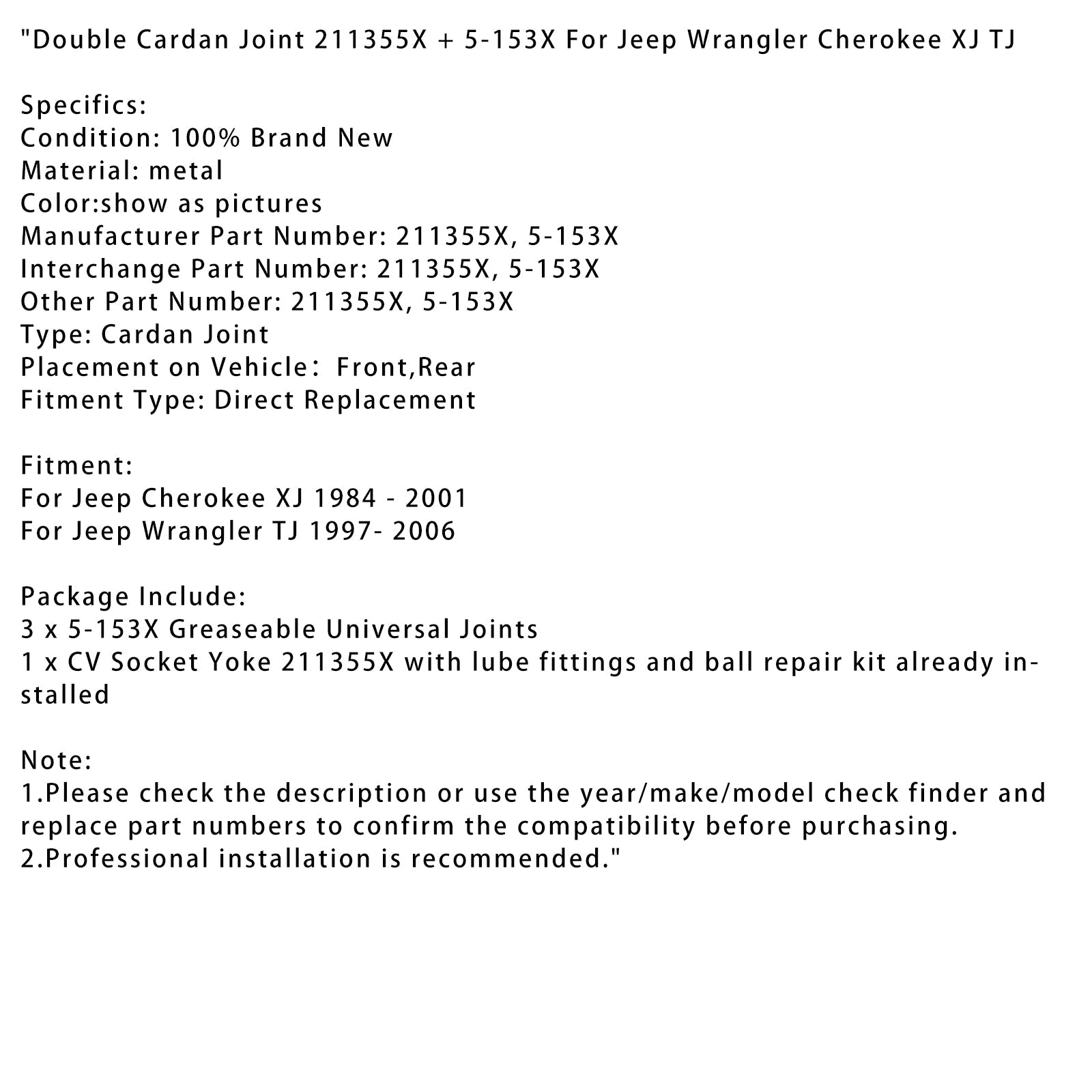 1984-2001 Jeep Cherokee XJ Double Cardan Joint 211355X + 5-153X